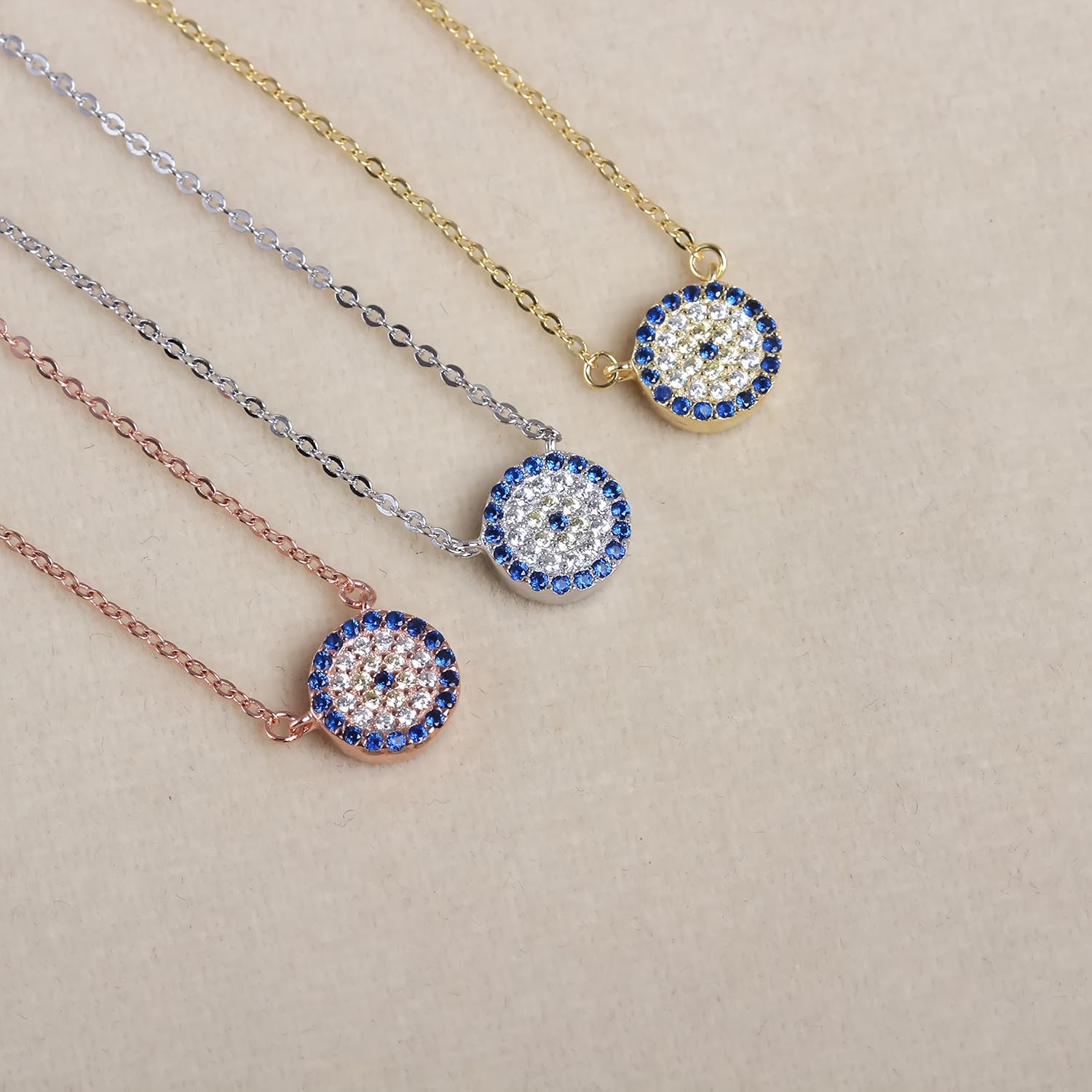 Round Evil Eye Pendant Necklace Sterling Silver 925 Created Cubic Zirconia CZ Cable Chain 16"+2" Extender