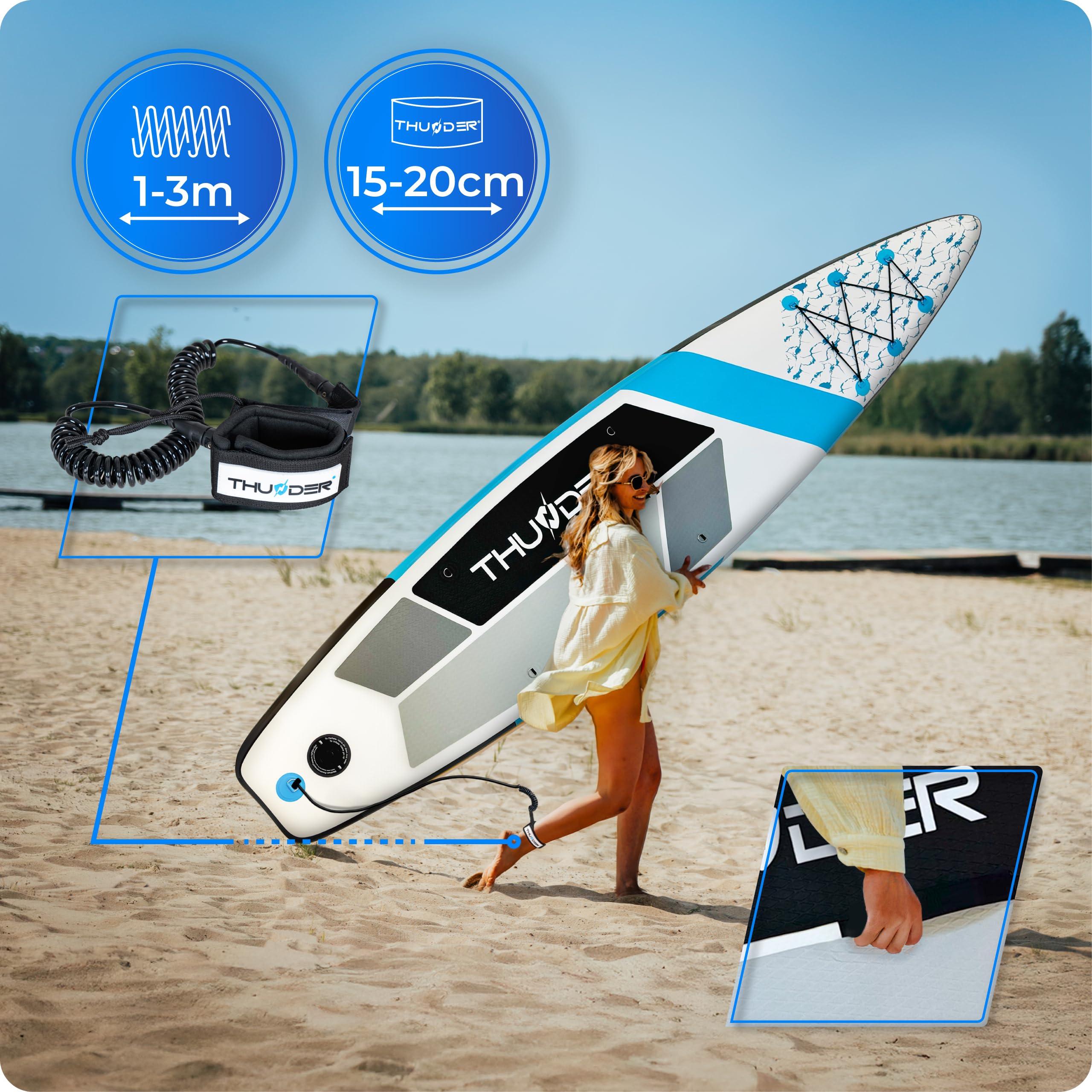 THUNDER SUP Board Gonfiabile 320 cm con Sedile da Kayak – Set Stand Up Paddle Board con Pagaia, Pompa e Zaino – Extra Stabile, Antiscivolo e Ideale per Adulti e Principianti