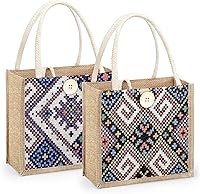 HSOOVZN 2-Pack Embroidered Jute Tote Bags for Women - Reusable Grocery Shopping Bento Handbags, Eco-Friendly