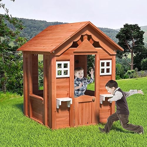 Miniatura 8 de Casa de juegos al aire libre para niños, casa de juegos al aire libre, para edades de 3 a 10 años, casa de campo de aventuras de madera para patio