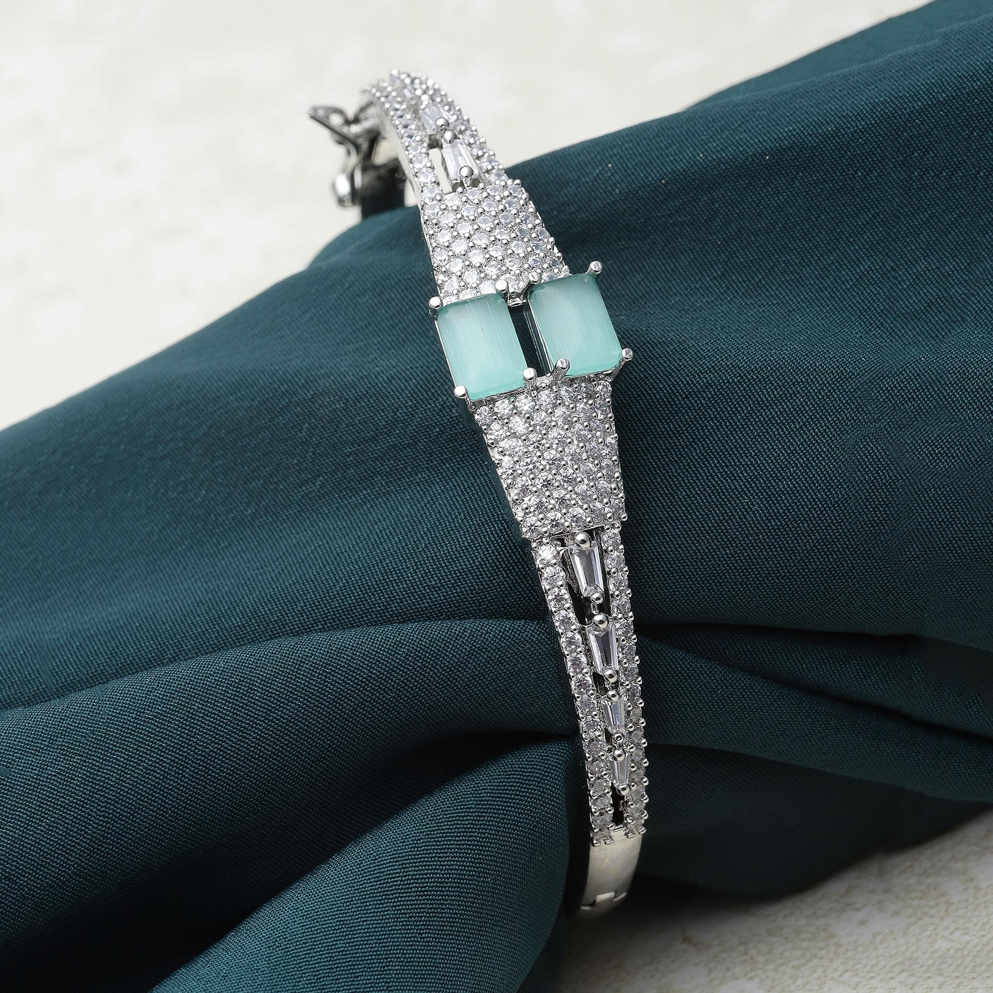 Rhodium-Plated Square American Diamond Kada Bracelet