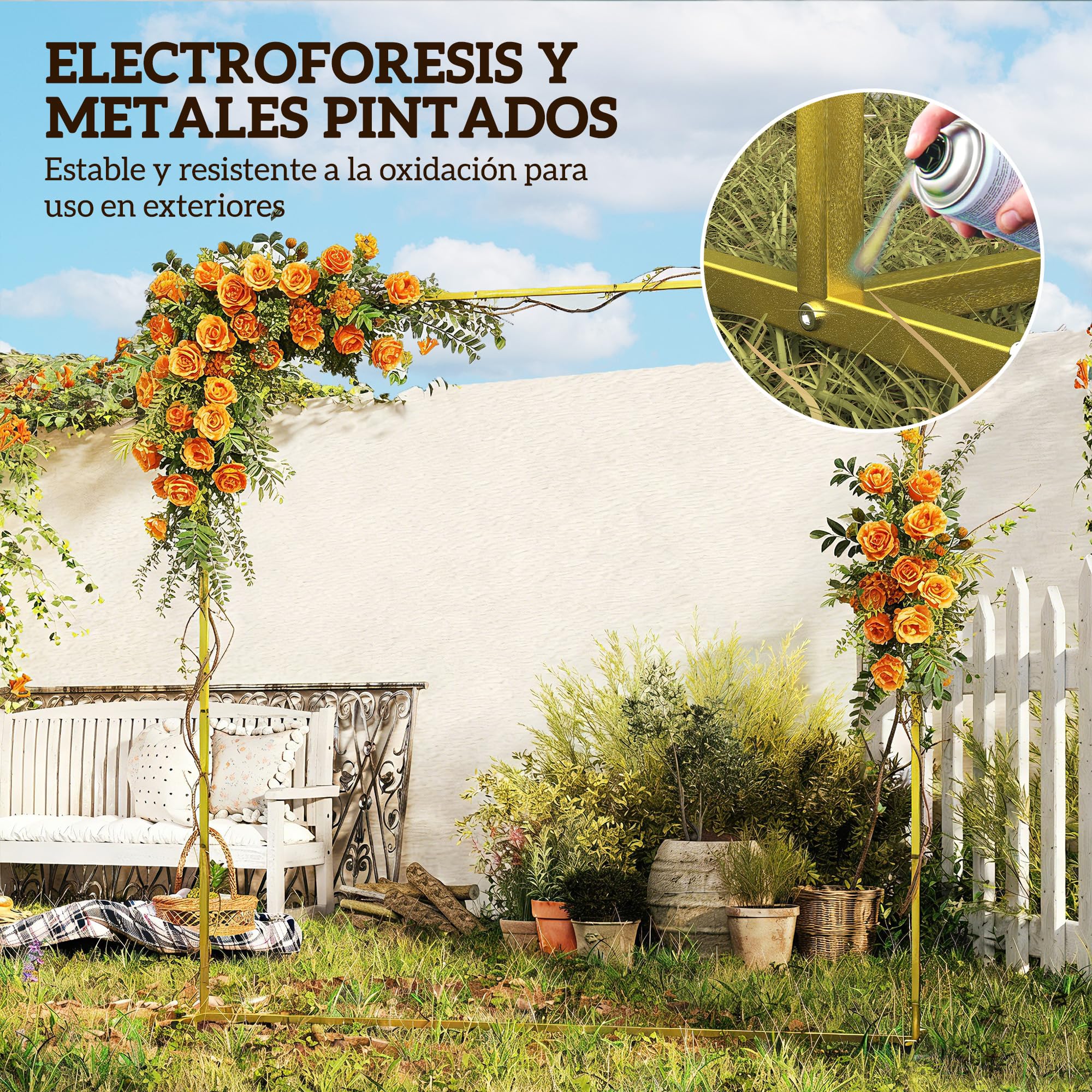 Outsunny Arco de Jardín para Rosas de Metal, 200x200 cm, Arco de Boda Cuadrado con Estacas en Forma de U, Resistente a la Intemperie, para Plantas Trepadoras, para Decoración Patio Terraza, Dorado