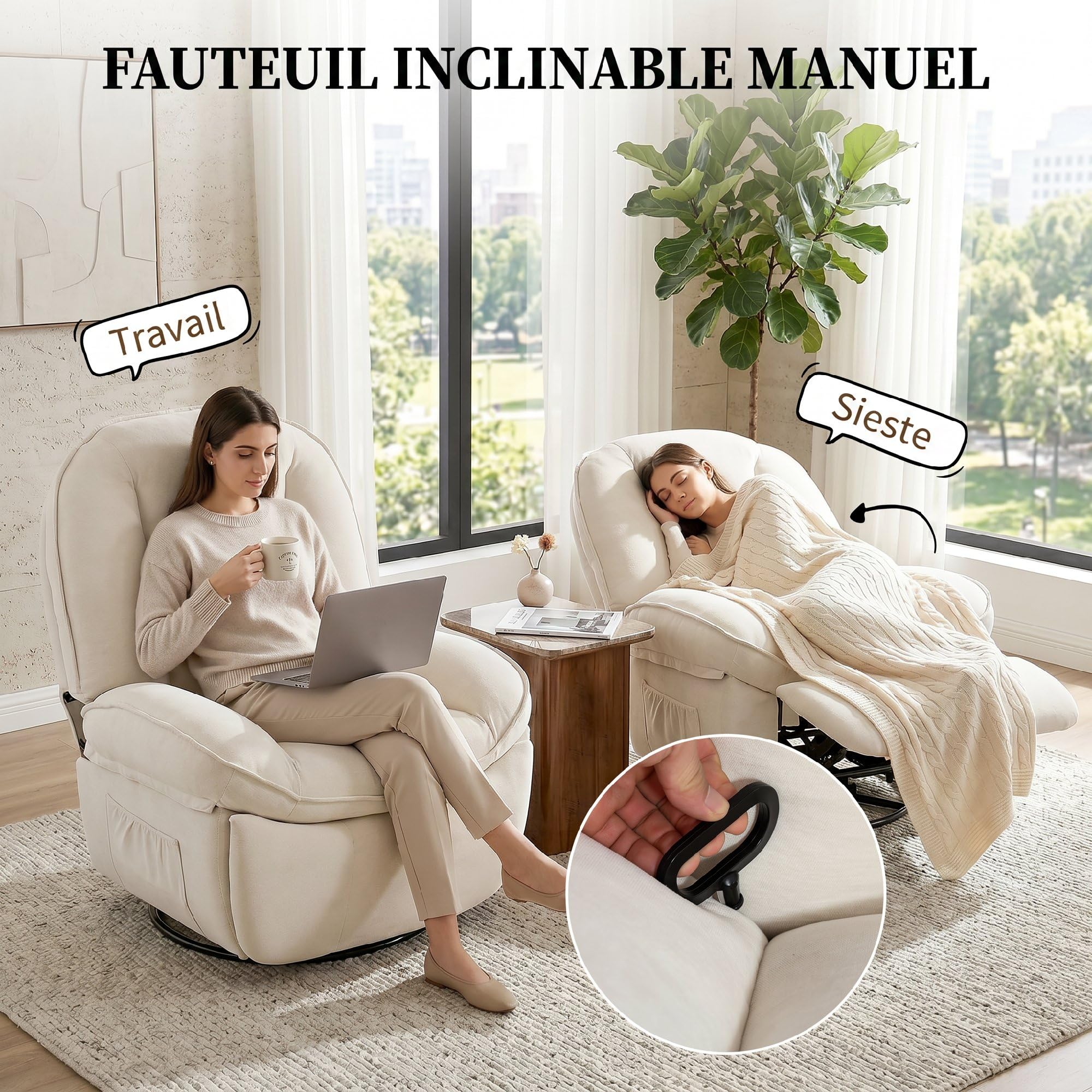 HOMCOM Fauteuil inclinable en chenille, fauteuil de relaxation pivotant à 360° avec repose-pieds, assise large, dossier épais, poches latérales, poignée de tirage, pour salon bureau home cinéma, crème