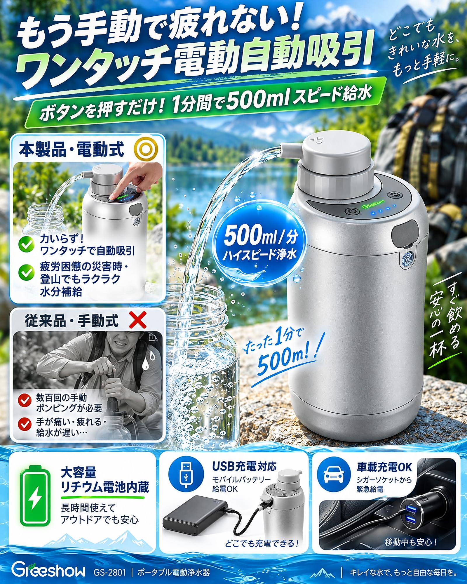 Amazon.co.jp: Greeshow 携帯浄水器 電動式 【防災安全協会認証】 5
