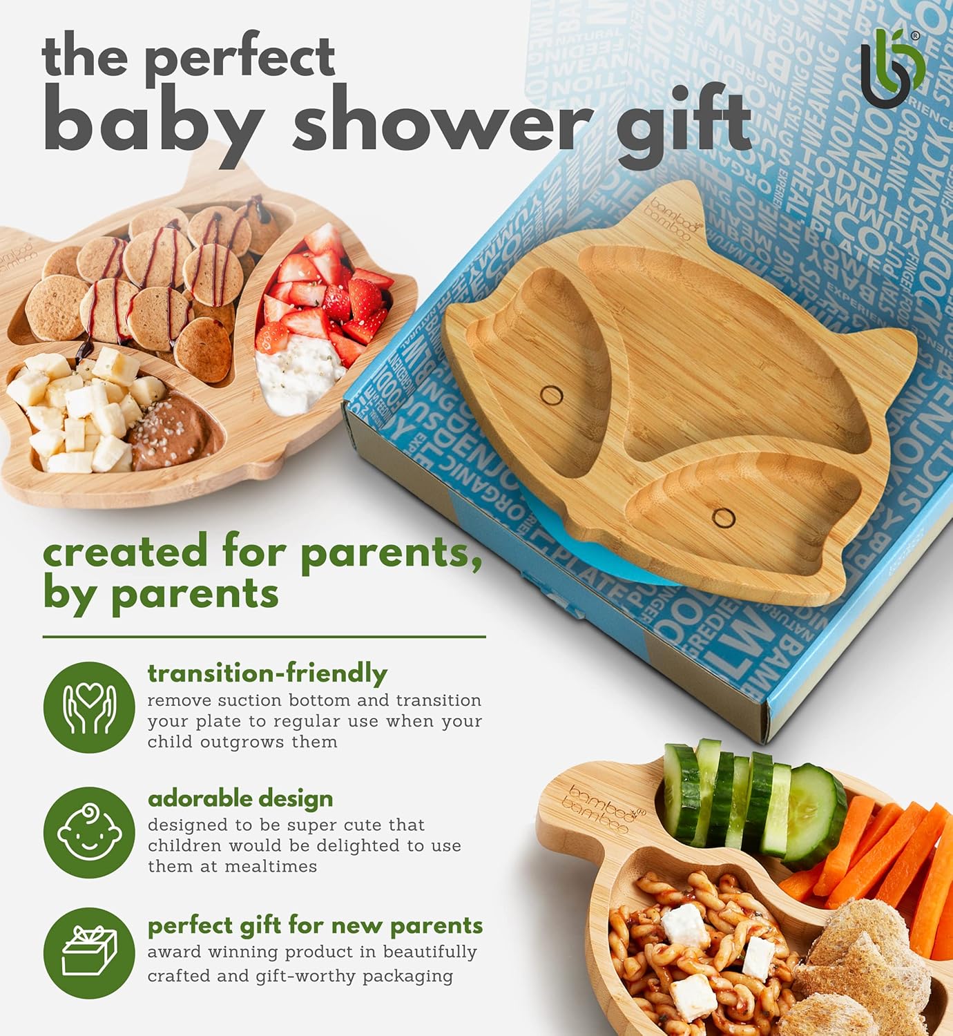 bamboo bamboo Baby and Toddler Plate for Feeding and Weaning, Bamboo Fox Plate with Secure Suction Cup for Babies from 6 Months (Fox, Blue)