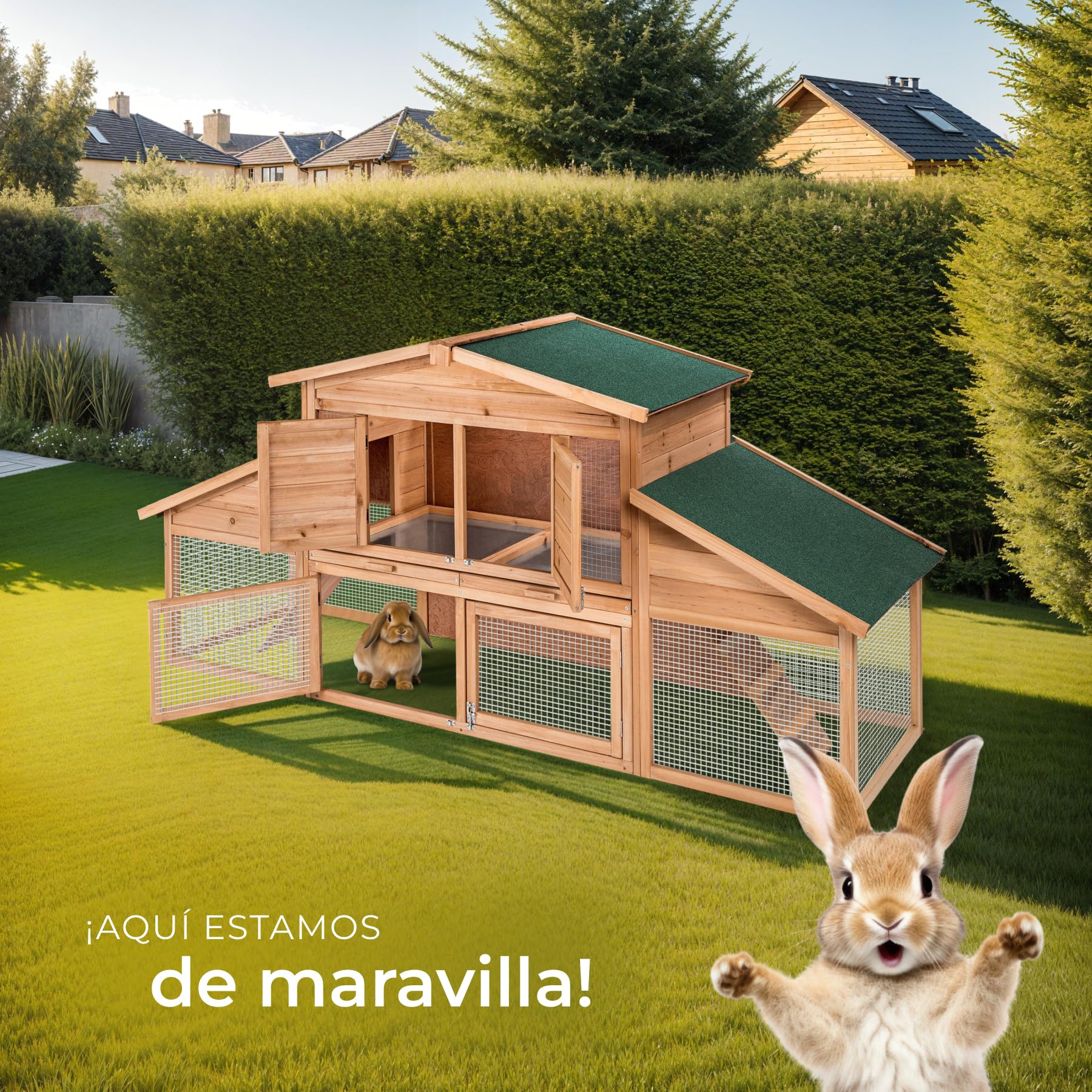 tectake® Conejera Exterior de Madera con Espacios Abiertos y Cerrados, Ideal como Casa para Conejos o Jaula Cobaya, Ideal para Tener Tus Conejos de Mascota al Aire Libre - 226 x 77 x 95,5 cm Marrón