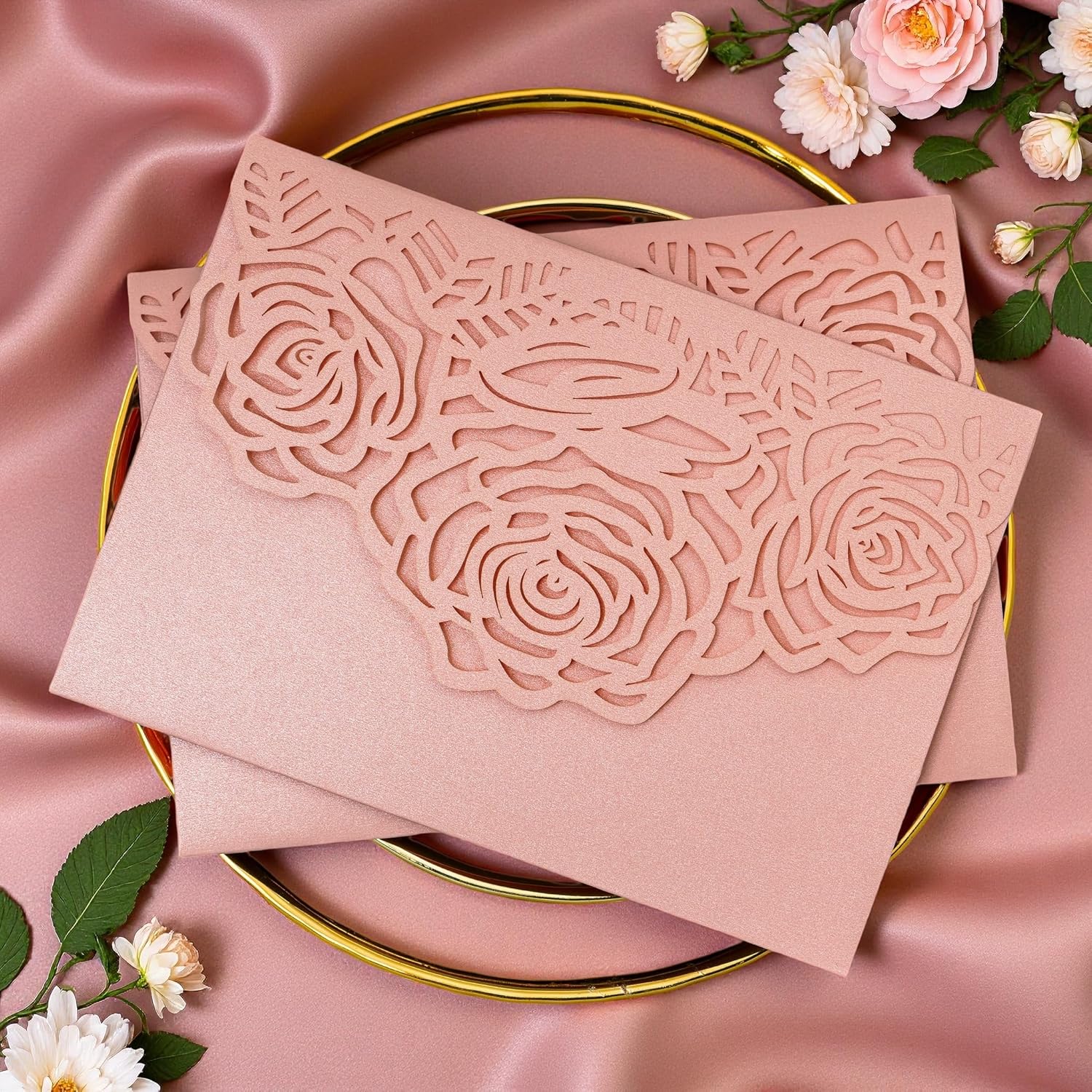 Laser Cutting Invitation Card Greeting Card Graduation Party Rose Flower Wedding Birthday Party Invitations Invitation Pocket With Envelope (Pink)