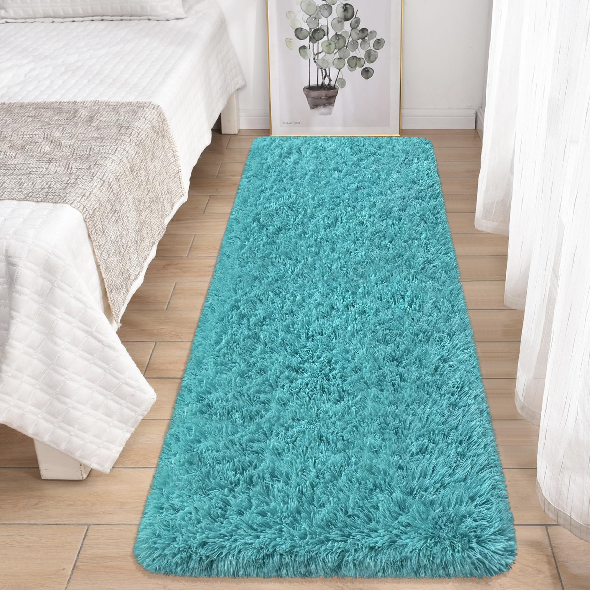 Runner Rug for Bedroom 2x6 Teal Blue Fluffy Shaggy Rug Soft Plush Fuzzy Area Rug Bedside Runners for Hallway Kids Nursery Dorm Playroom Living Room