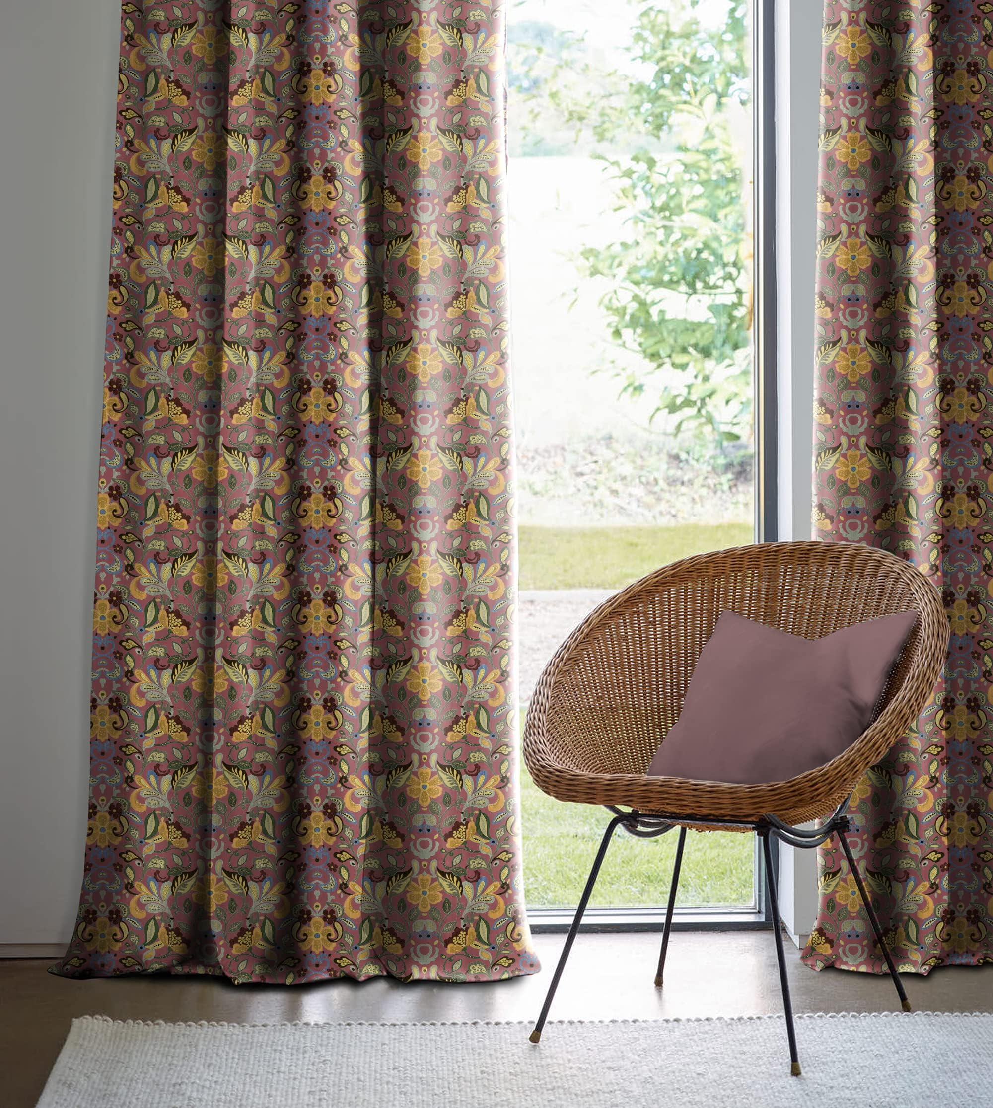 Casableu Baker Digital Floral Printed in Eyelets (Steel) Blackout Curtains with Tie Back, Bedroom Living Room (Pack of 2) (Pink Gold, 7 feet)