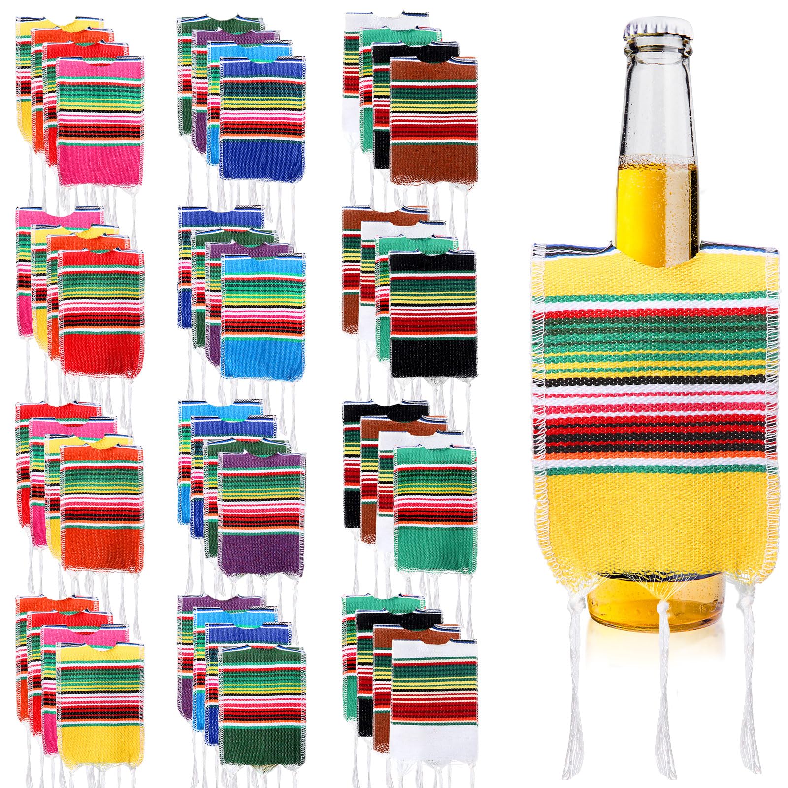 Irenare 48 Pcs Beer Poncho Mini Serapes Bottle Covers for Cinco De Mayo Mini Patron Tequila Bottle Cover Multi Color Assorted Mexican Ponchos with