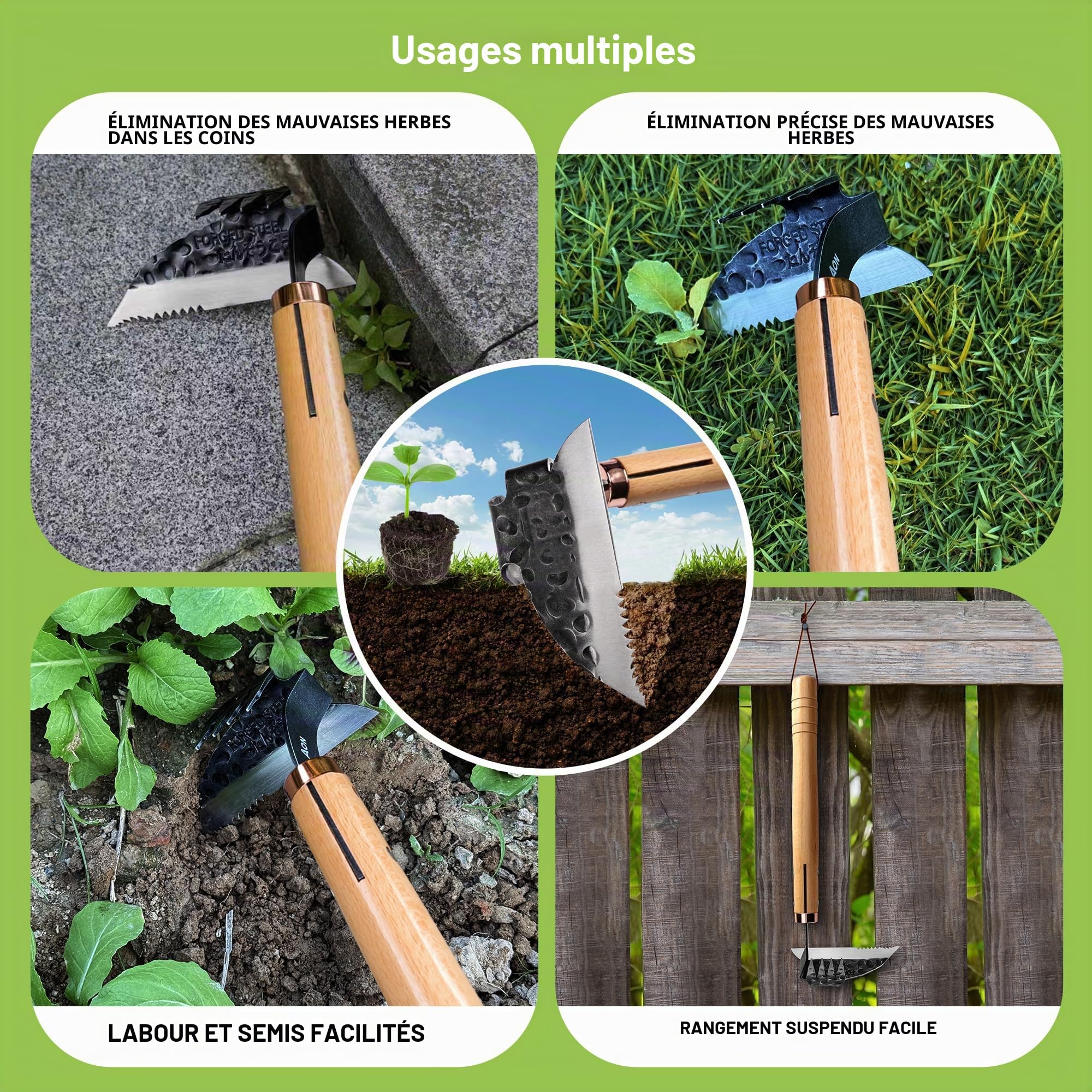 aon Binette Japonaise Multifonction & Désherbeur Manuel, Double Tête en Acier Forgé avec 4 Dents et Manche Ergonomique en Bois, pour Potager, Entretien du Jardin et Plates-Bandes Surélevées