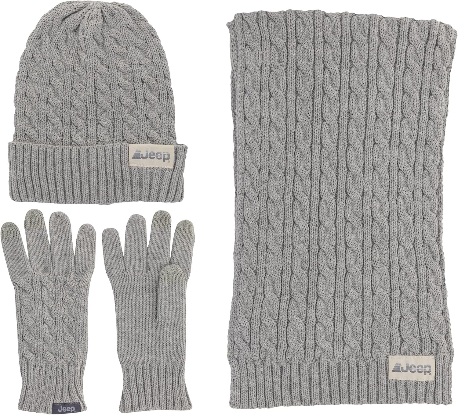 Jeep Women's 3 Piece Cable Knit Scarf, Beanie, and Gloves Set - One Size Fits Most
