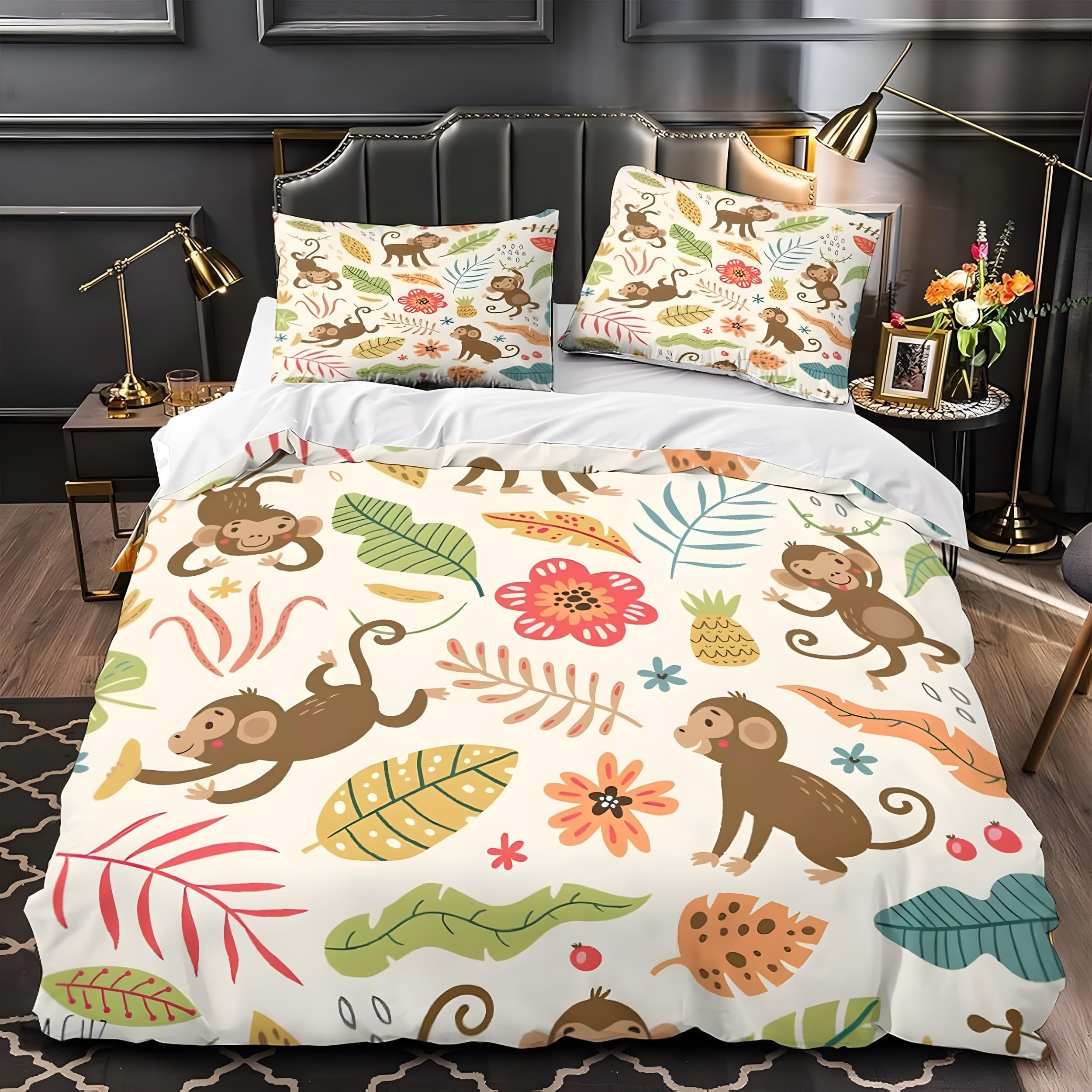 YZQGLHP Cartoon Jungle Single Duvet Cover Set Brown Monkey Soft Single Bedding Microfibre Lightweight Quilt Cover with Zipper and 2 Pillowcase 50x75cm