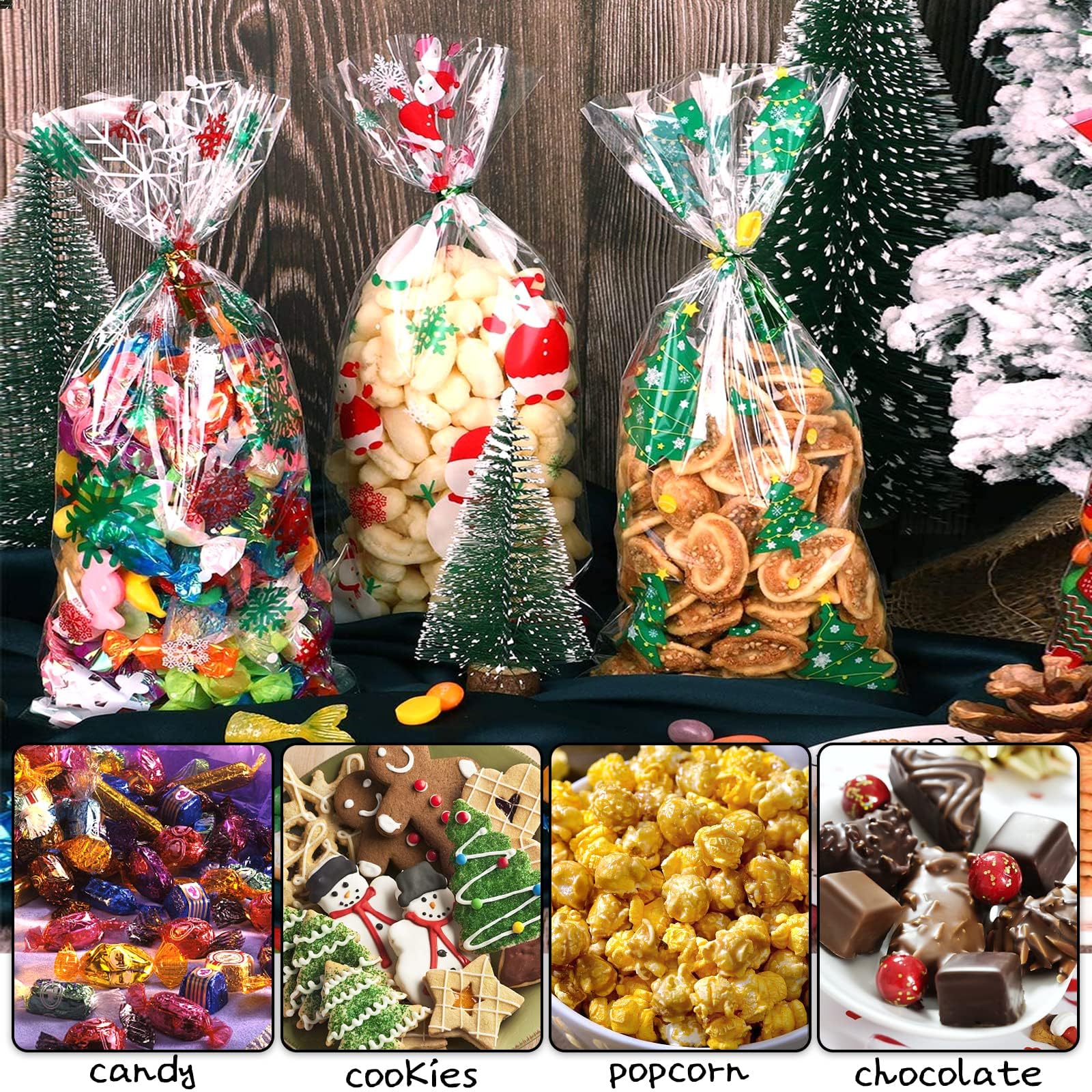 100 Sacchetti Trasparenti Per Caramelle Di Natale Con Nastri - 27,5x12,5 Cm, Tema Pupazzo Di Neve E Fiocchi