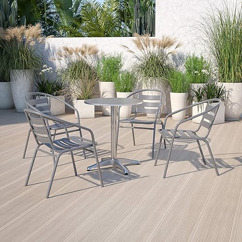 BizChair Paquete de 4 sillas apilables de metal plateado para restaurante con respaldo curvado y listones de aluminio