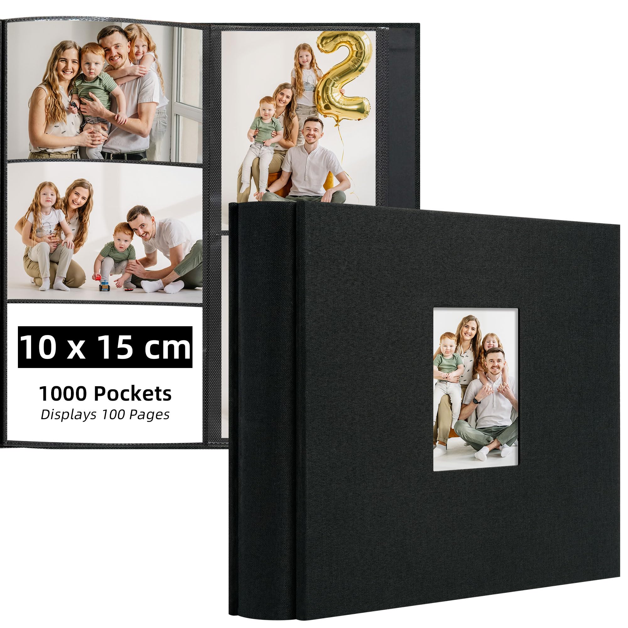 Remowith Photo Albums 6x4, Holds 1000 Pockets 10x15cm Landscape and Portrait Photos, Large Capacity Photo Book, Fabric Album Cover for Family, Wedding, Travel & Baby Memory Archives, Black