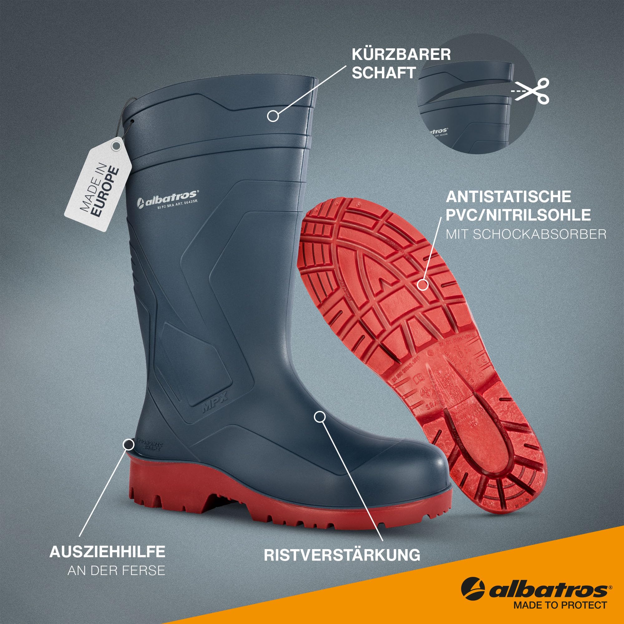 ALBATROS Arbeitsgummistiefel Protector Plus S5 – Hochwertige Arbeitsschuhe für Herren – Wasserdichte Gummistiefel mit Stahlkappe & Durchtrittschutz