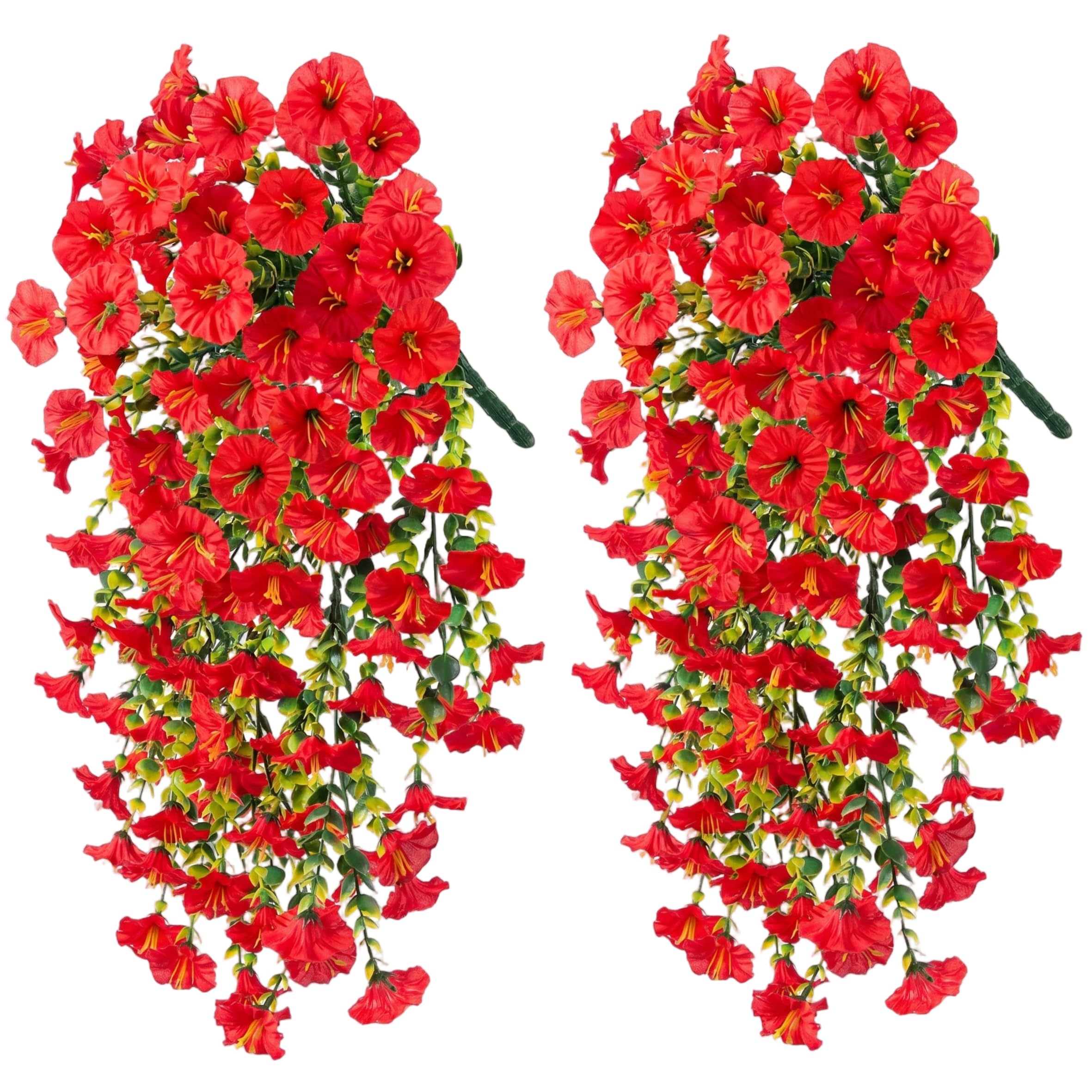 Vistnale 2 Pack Artificial Petunias, Artificial Hanging Flowers With Eucalyptus, Uv-resistant Faux Vines For Porch Garden Decor, Red