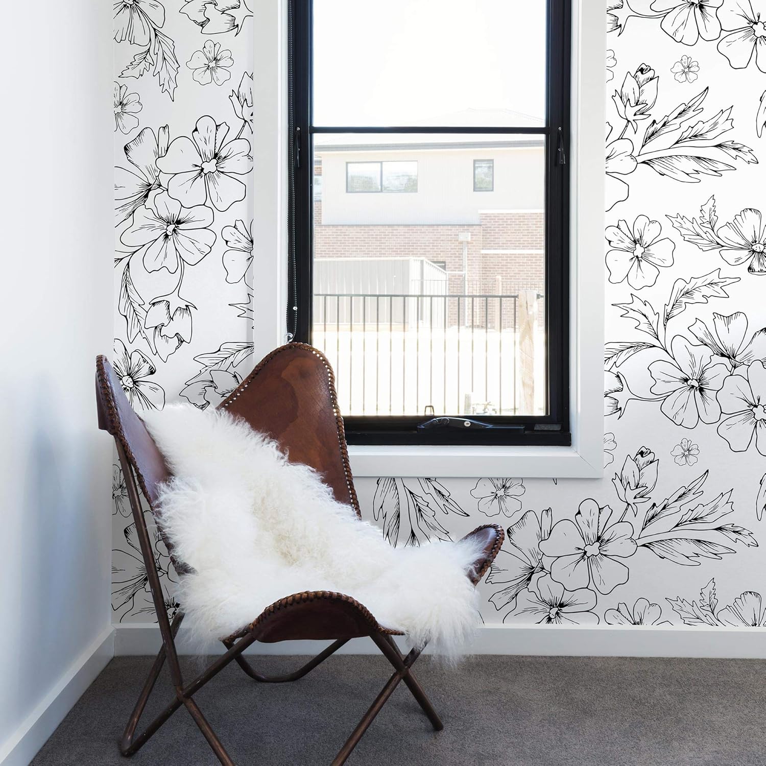 Walls By Me Peel and Stick Black and White Textured Floral Removable Wallpaper 6488-2ft x 8.5ft (61x260cm)