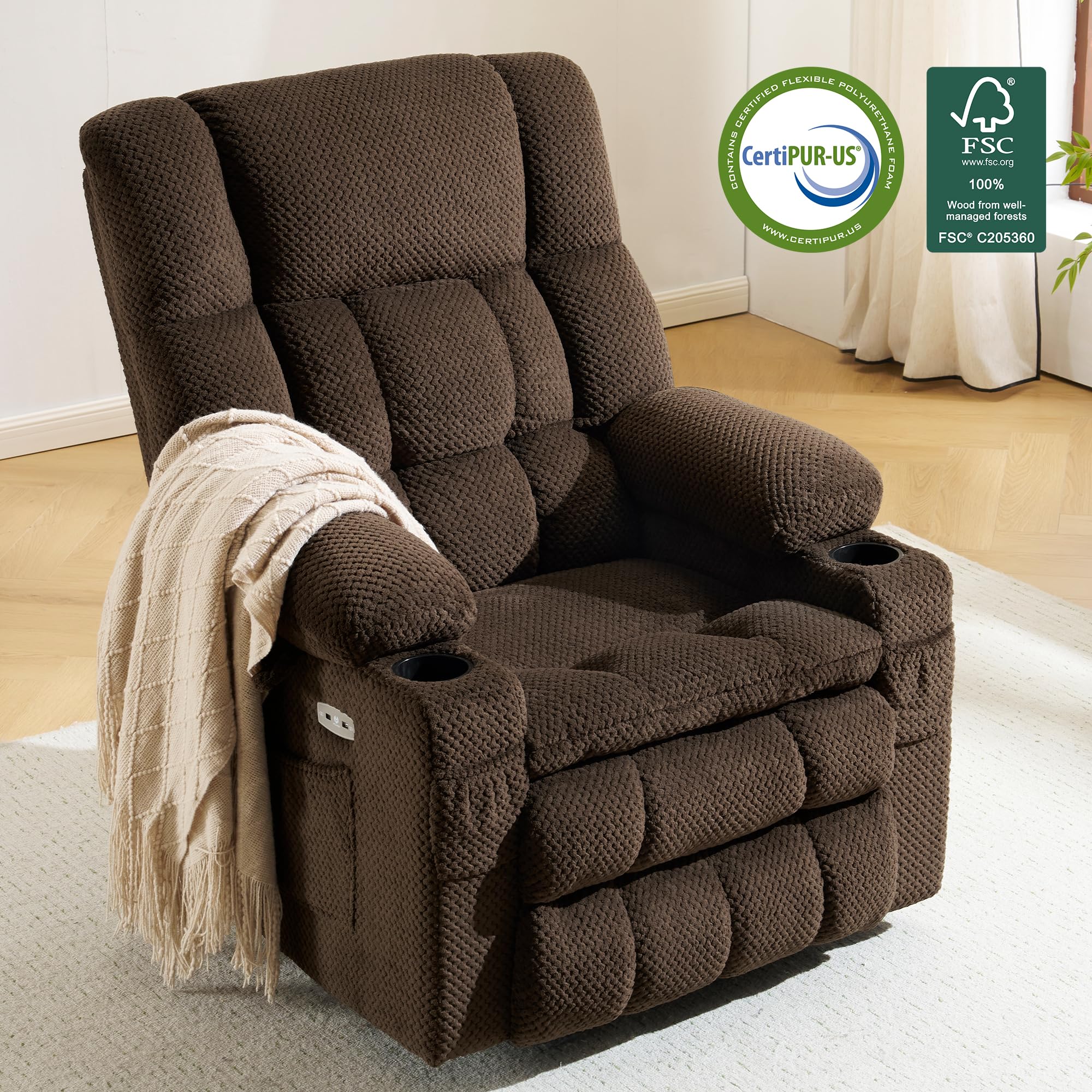 MCombo Dual Motor Power Lift Recliner Chair with Massage and Heat for Elderly People, Infinite Position, USB Ports, Cup Holders, Fabric 7890 (Medium, Mocha) - 4