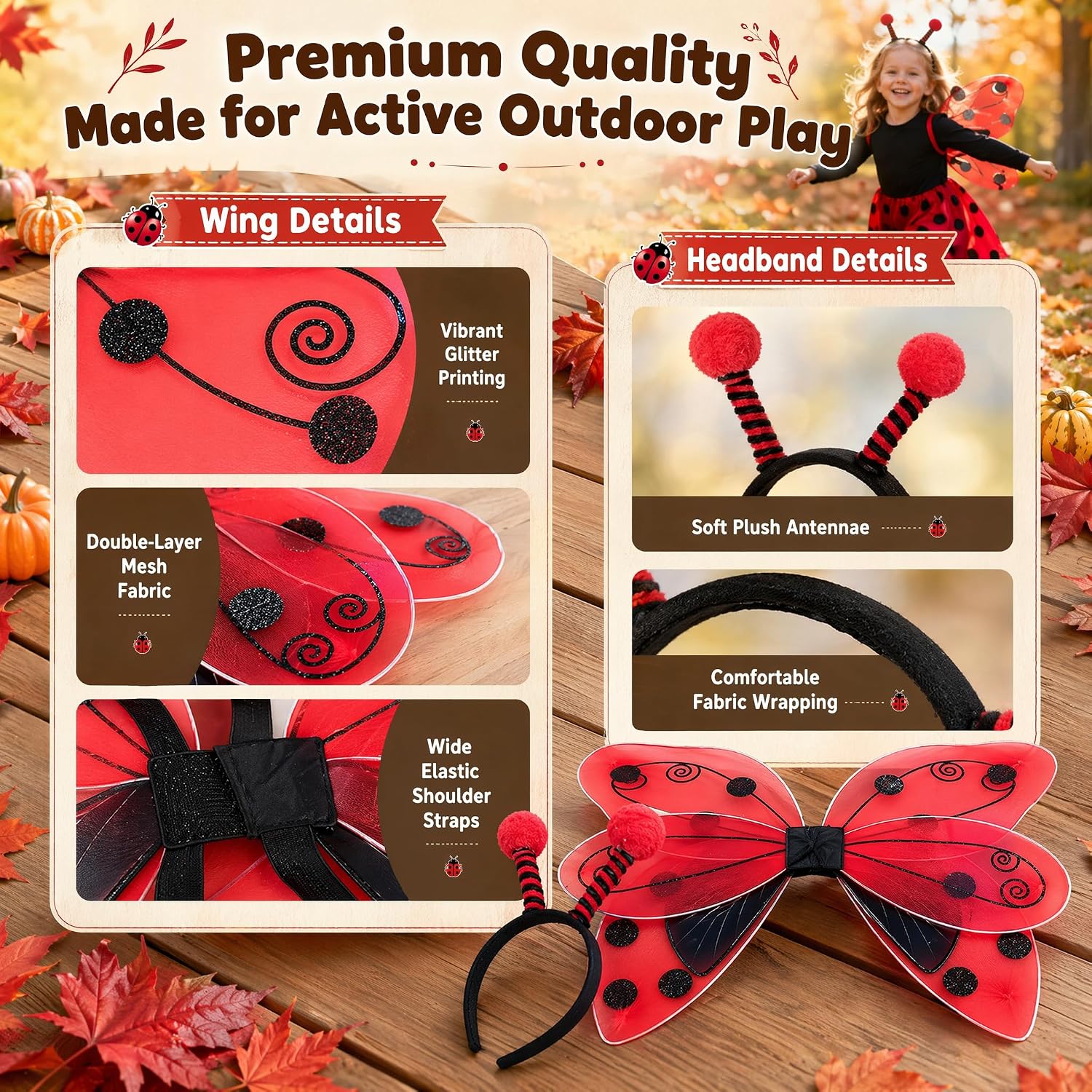 Kids Ladybug Wings with Headband for Girls Boys Halloween Cosplay Costume