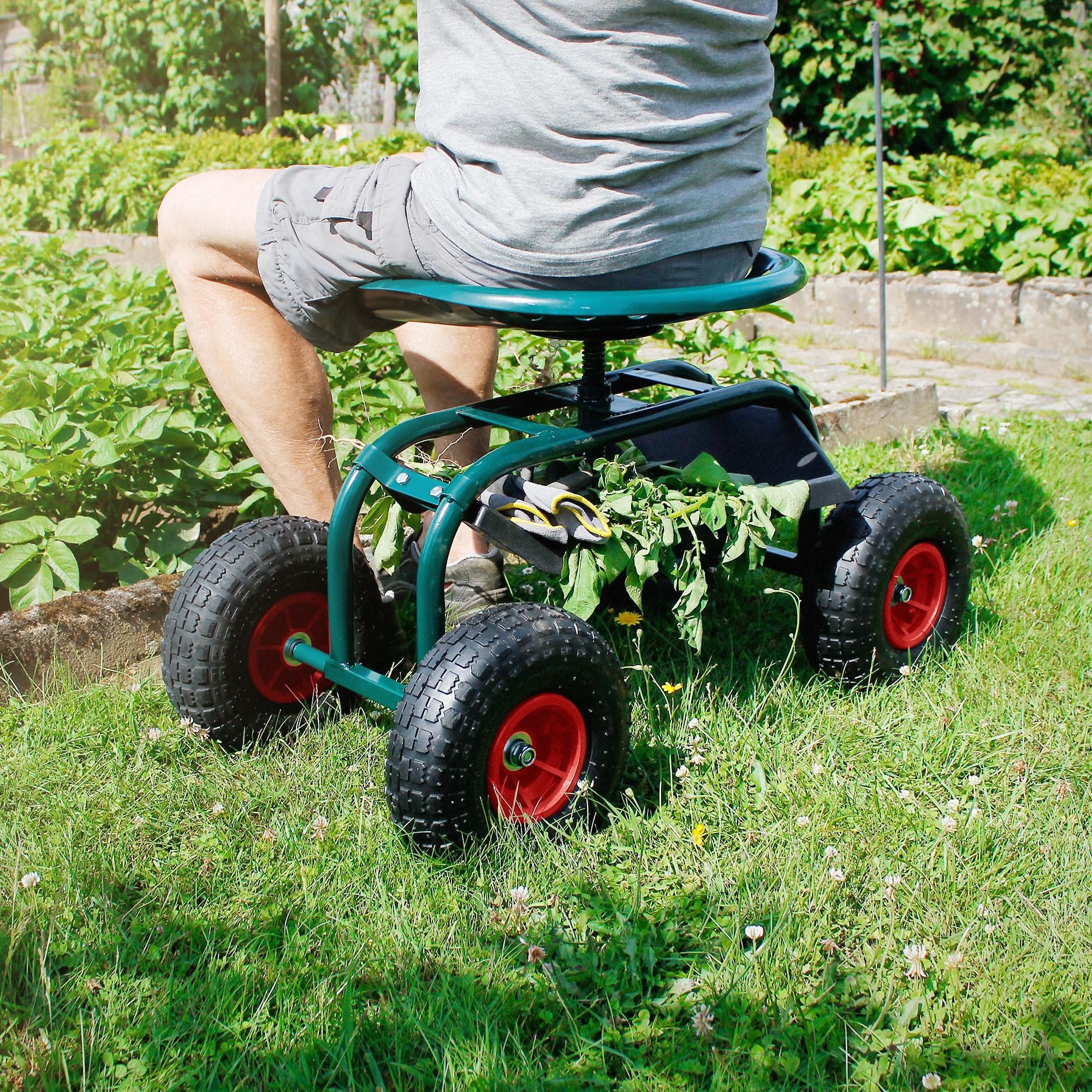 ECD Germany siedzisko ogrodowe na kólkach obrotowe 360 stopni regulowane wysokosc siedzisko stalowe do 150 kg mobilny wózek ogrodowy z pólka szerokie opony do prac ogrodniczych i pielegnacji samochodu