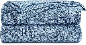 Longhui bedding Blue Knitted Throw Blanket for Couch, Soft, Cozy Machine Washable 100% Cotton Sofa Knit Blankets, Heavy 2.8lb Weight, 50 x 63 Inches, Blue and White Color, Laundry Bag Included