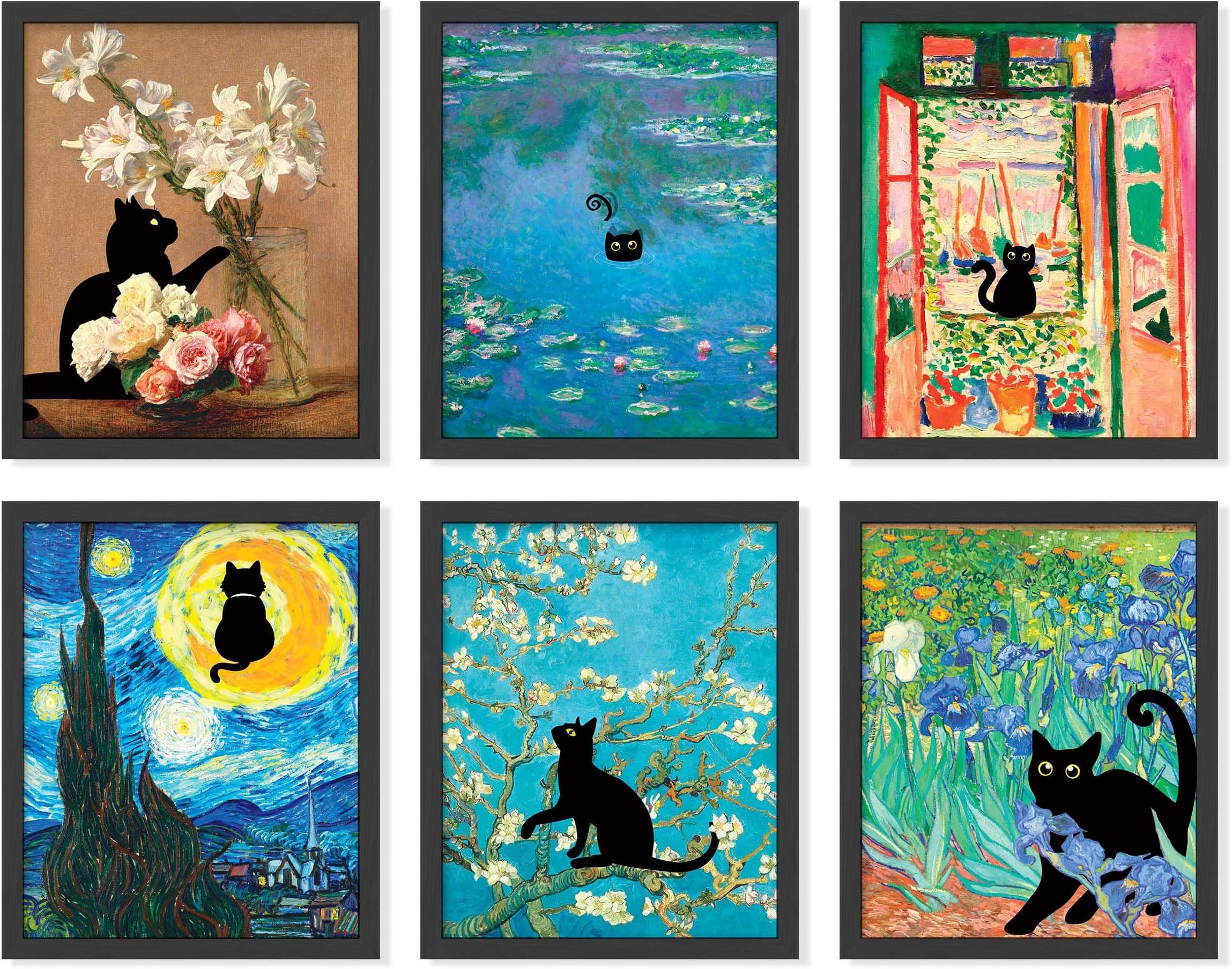 97 Decor Black Cat Poster - REtro Black Cat Decor, Funny Black Cat Wall Art Prints, Vintage Cat Wall Decor, Monet Matisse Van Gogh Cats Aesthetic Pictures for Home Bedroom Decorations (8x10 UNFRAMED)