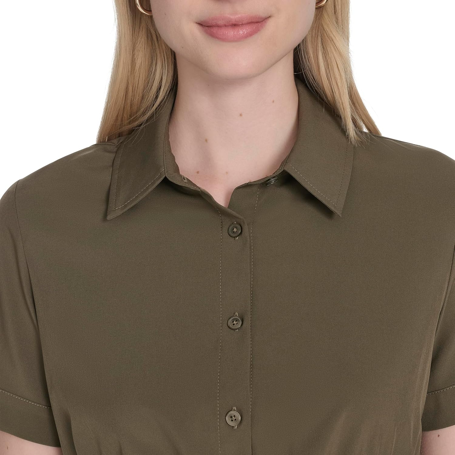 Calvin Klein Womens Short Sleeve Collared Tie Waist Accordion Midi Shirtdress - Image 5