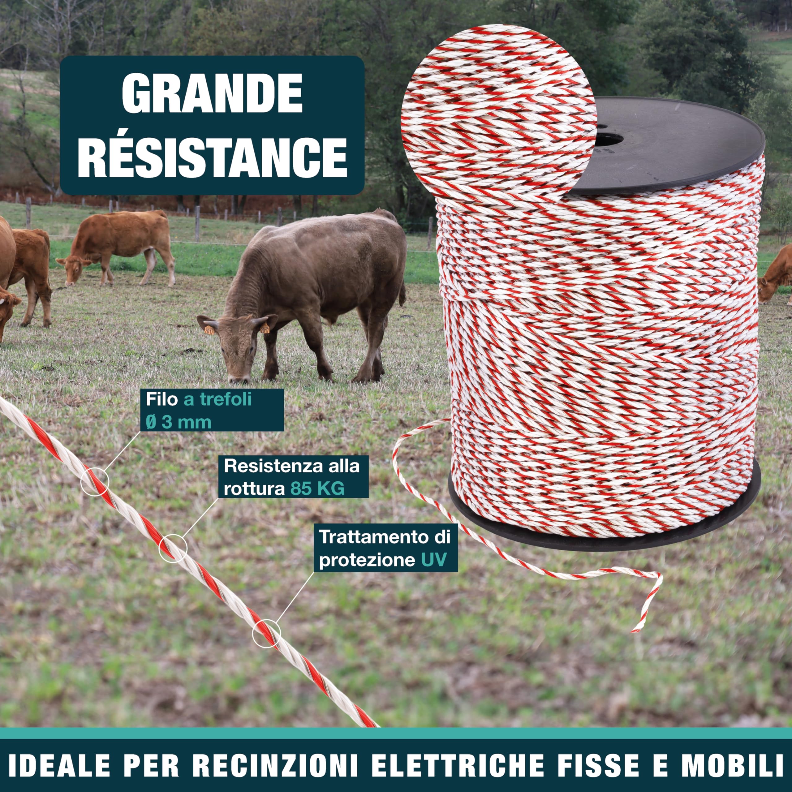 Filo per Recinto Elettrico Ø3 mm - Alta resistenza - 8 fili di acciaio inox Ø0,20 mm e 3 fili di rame Ø0,30 mm - Bobina 400m - Ideale per recintare mucche, pecore, capre e cavalli