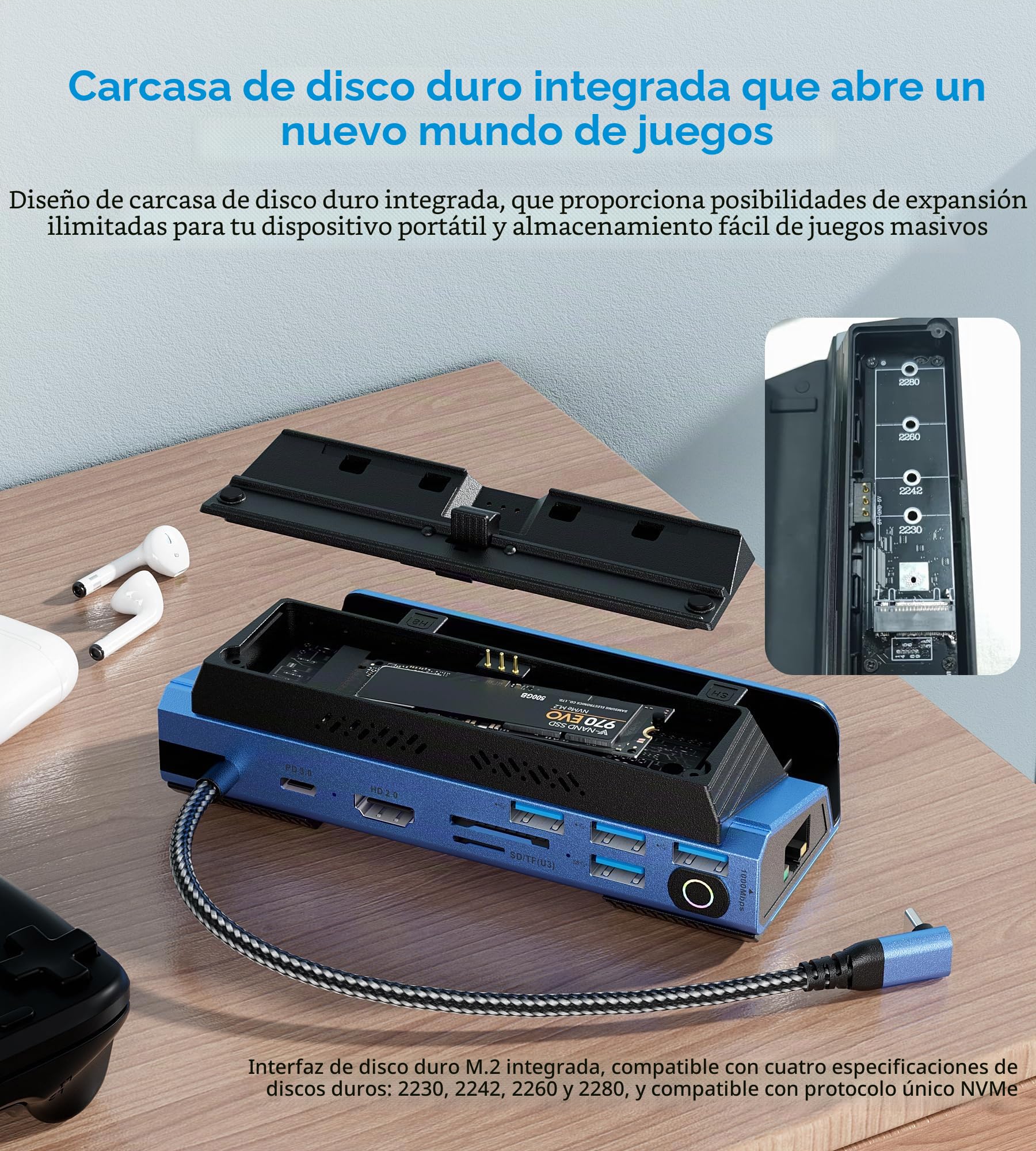 Estación de Acoplamiento de Cubierta 14 en 1 Que desmonta Ventiladores de Vapor con Carcasa M.2 NVMe, 4K a 60Hz, Ethernet de 1000 Mbs, SD/TF, 4 USB A, Carga PD de 100 W, Adaptador de 40 Gbps