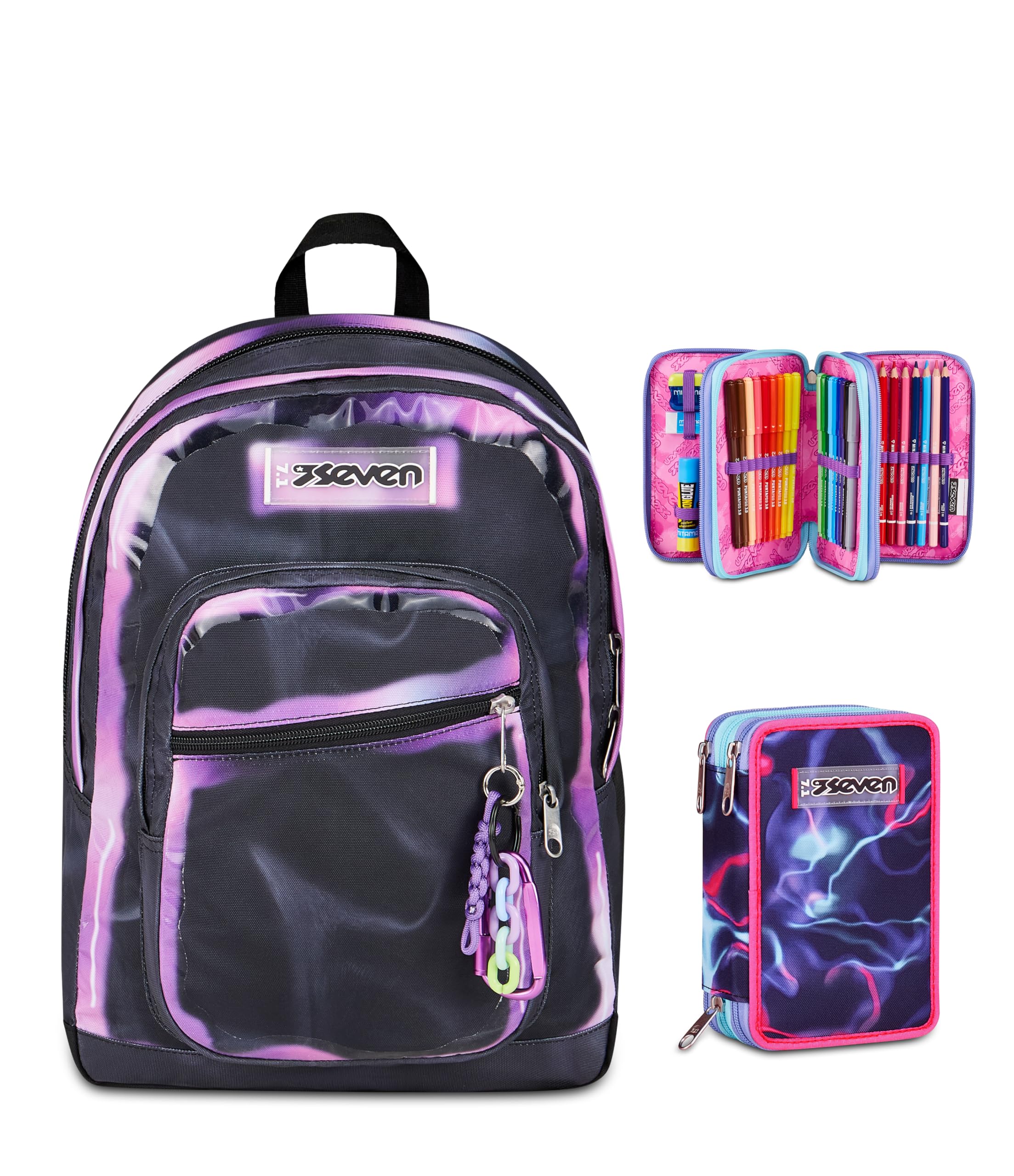 Seven Zaino Scuola FREETHINK, Doppio Scomparto, Nero, 34 L + Astuccio 3 zip ELECTRICVIBE GIRL, Rosa, 45 pezzi, Completo di penne e colori, Elementari, Bambina