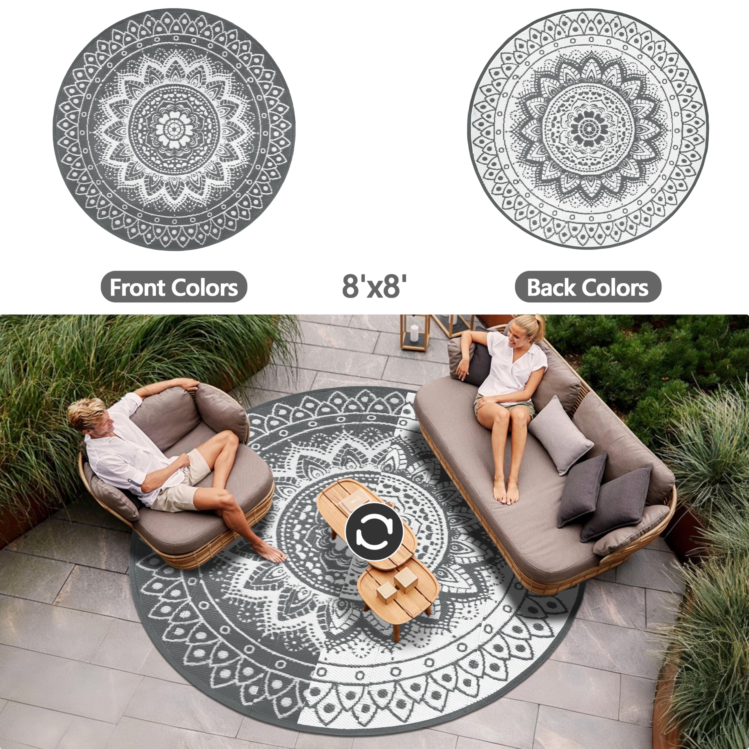 Tappeto da esterno rotondo 240cm reversibile impermeabile pieghevole bohémien Grigio/Bianco