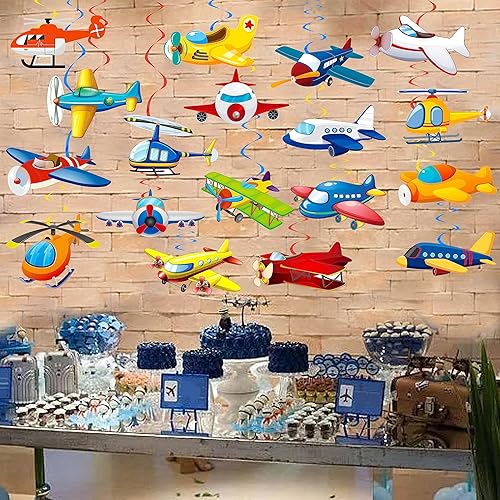 Miniatura 7 de Remolinos colgantes para avión, decoración de fiesta de cumpleaños, helicóptero, remolinos de papel de aluminio, serpentinas de techo para avión,
