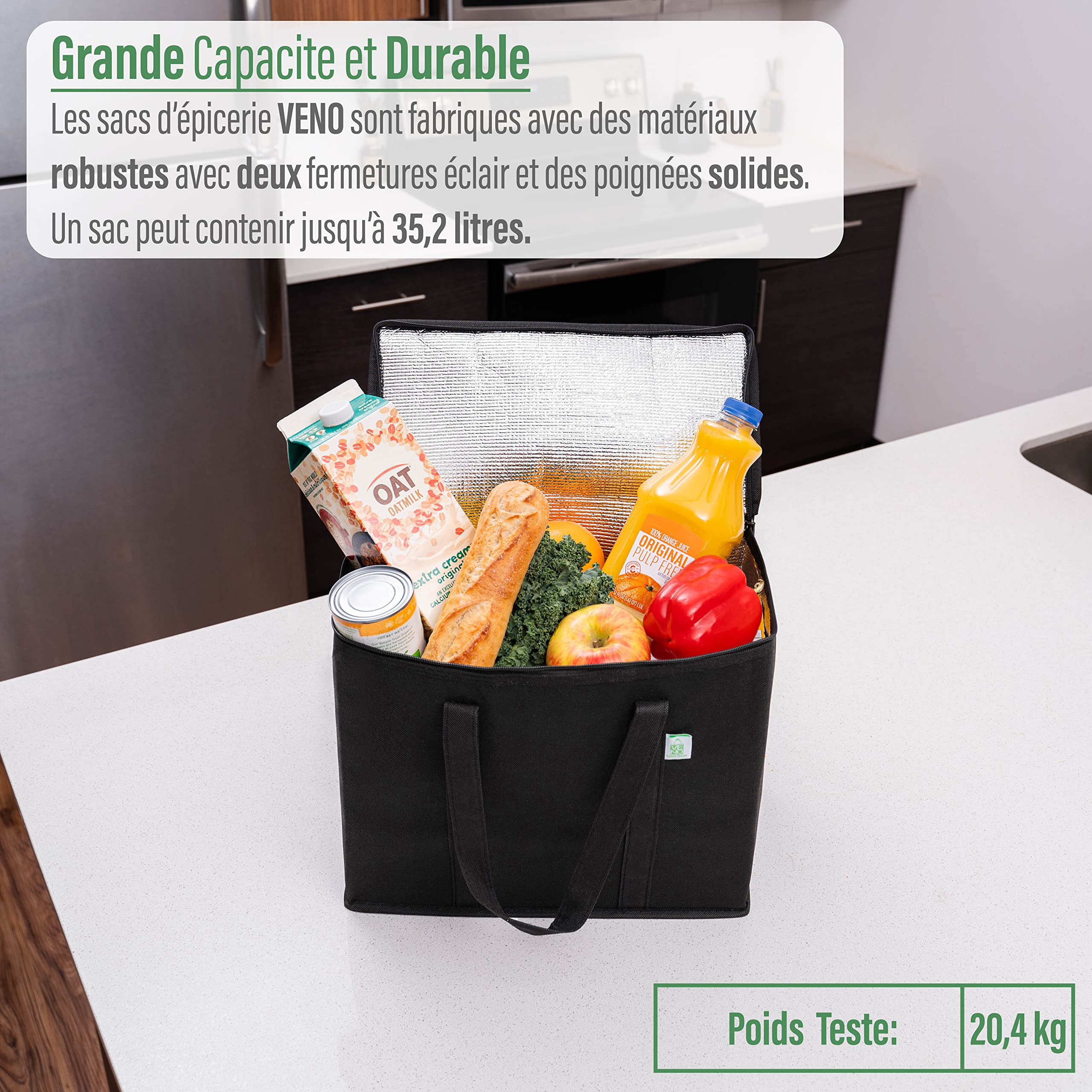 VENO Lot de 2 Sac Isotherme Pliable Isolation Réutilisable, Epicerie Alimentaire, Sac de Course, Robuste, Grand, Anses Durables, Fermeture Eclair Double Patte, Couverture, Debout (Noir)