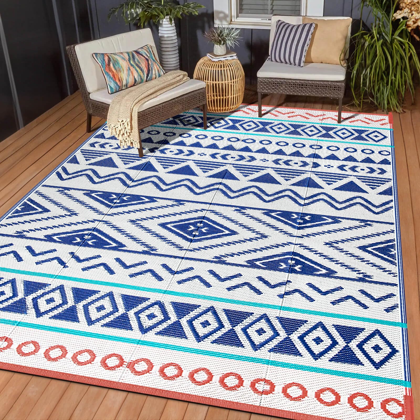 Kalafun Outdoor Rug 6x9 ft Blue Red
