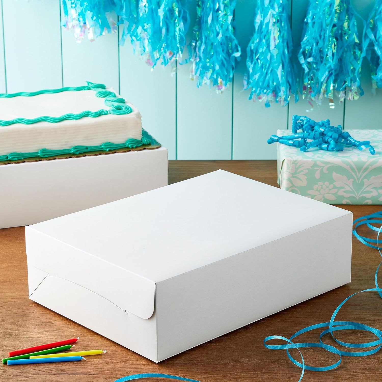 Celebrate It 10" x 14" White Paper Cake Box - Fits 9" x 13" Sheet Cakes or 12 Cupcakes - Bulk 30 Pack