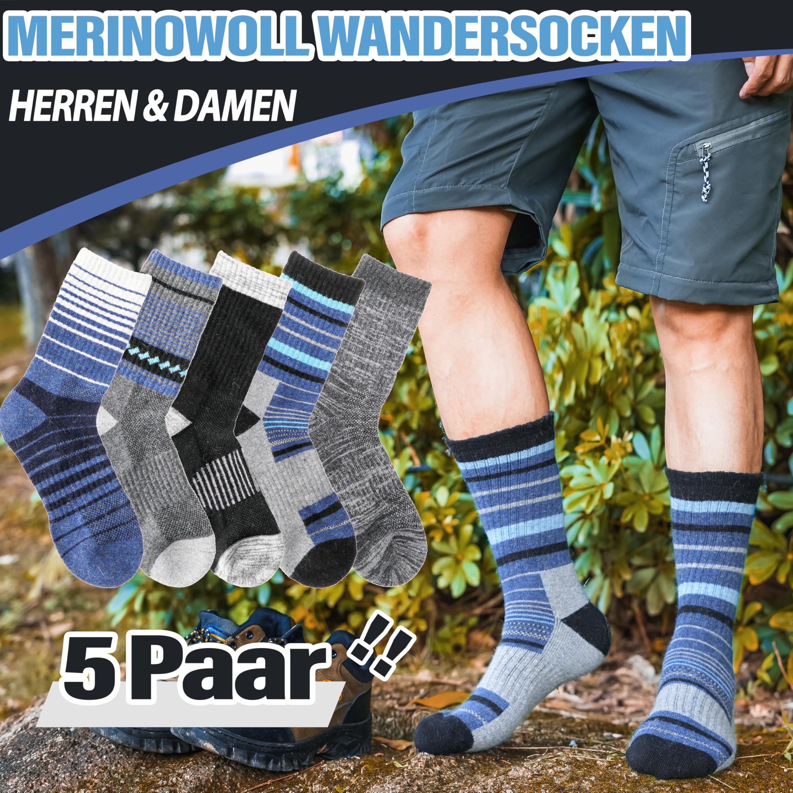 Welwoos 5 Paar Merino Wandersocken, Warme Thermosocken, Outdoor Merinowolle Socken, Dicke Trekking Sportsocken für Herren Damen