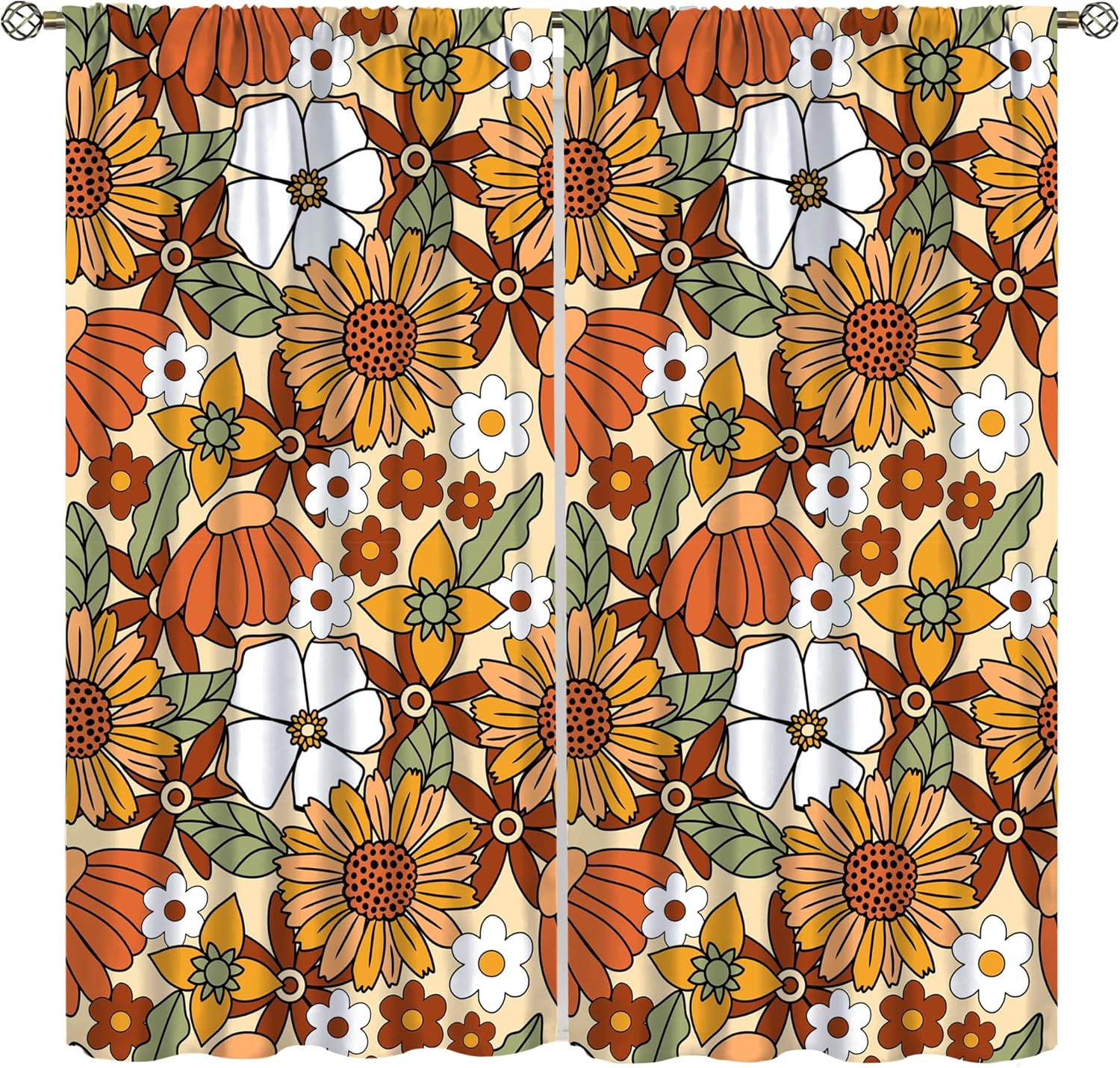 Retro 70s Floral Blackout Curtains,Vintage Hippie Flower Boho Print Suitable for Home Bedroom Window Drapes, Abstract Cartoon Kids Boys Girls Kindergarten Window Decoration 42x63in