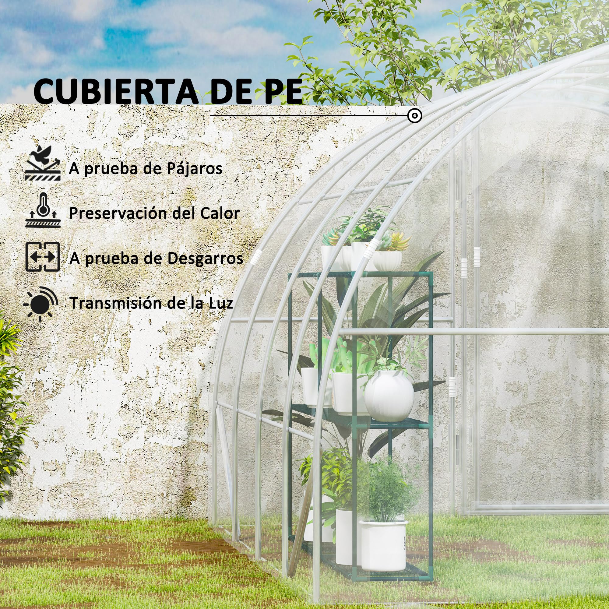 Outsunny Invernadero de Túnel 4x3x2 m Invernadero de Jardín con 2 Puertas Cubierta PE 150g/m² Estructura de Acero Galvanizado y Techo Redondeado para Cultivos Plantas Flores Transparente