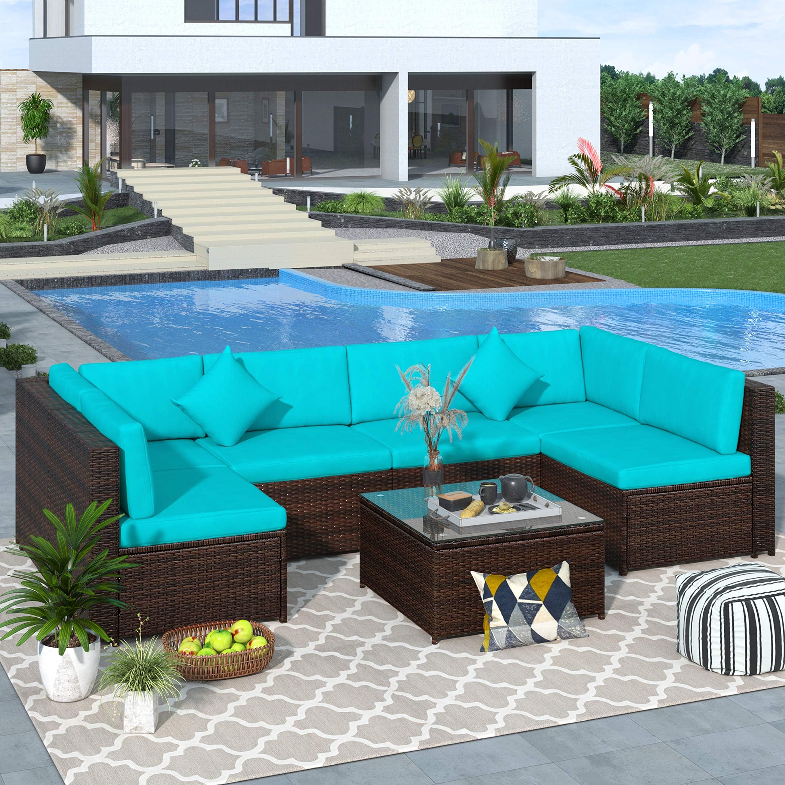 LZ LEISURE ZONE 7PCS Patio Furniture Set, All-Weather PE Rattan Sectional Garden Furniture Corner Sofa Set w/Glass Coffee Table for Backyard, Pool (Blue Cushion)