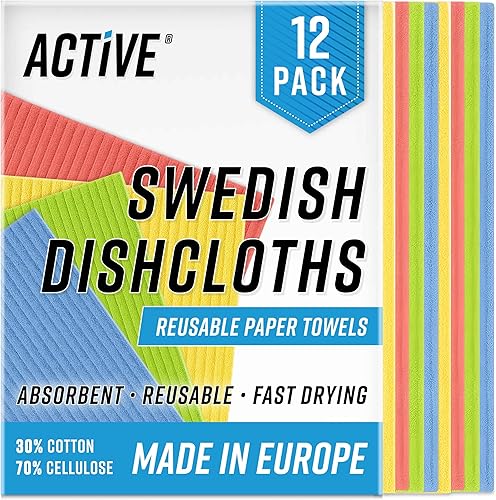 ACTIVE Swedish Dish Cloths for Kitchen 12 Pack Cellulose Sponge Cloth, Washable Dishcloths for Washing Dishes, Original European Dish Towels, Absorbent Reusable Paper Towels - Multicolor Assorted