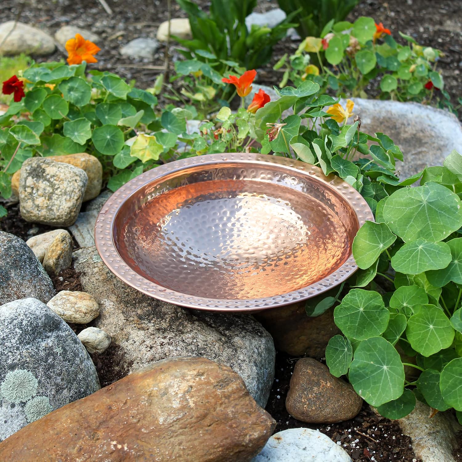 Hammered Copper Birdbath Bowl with Rim