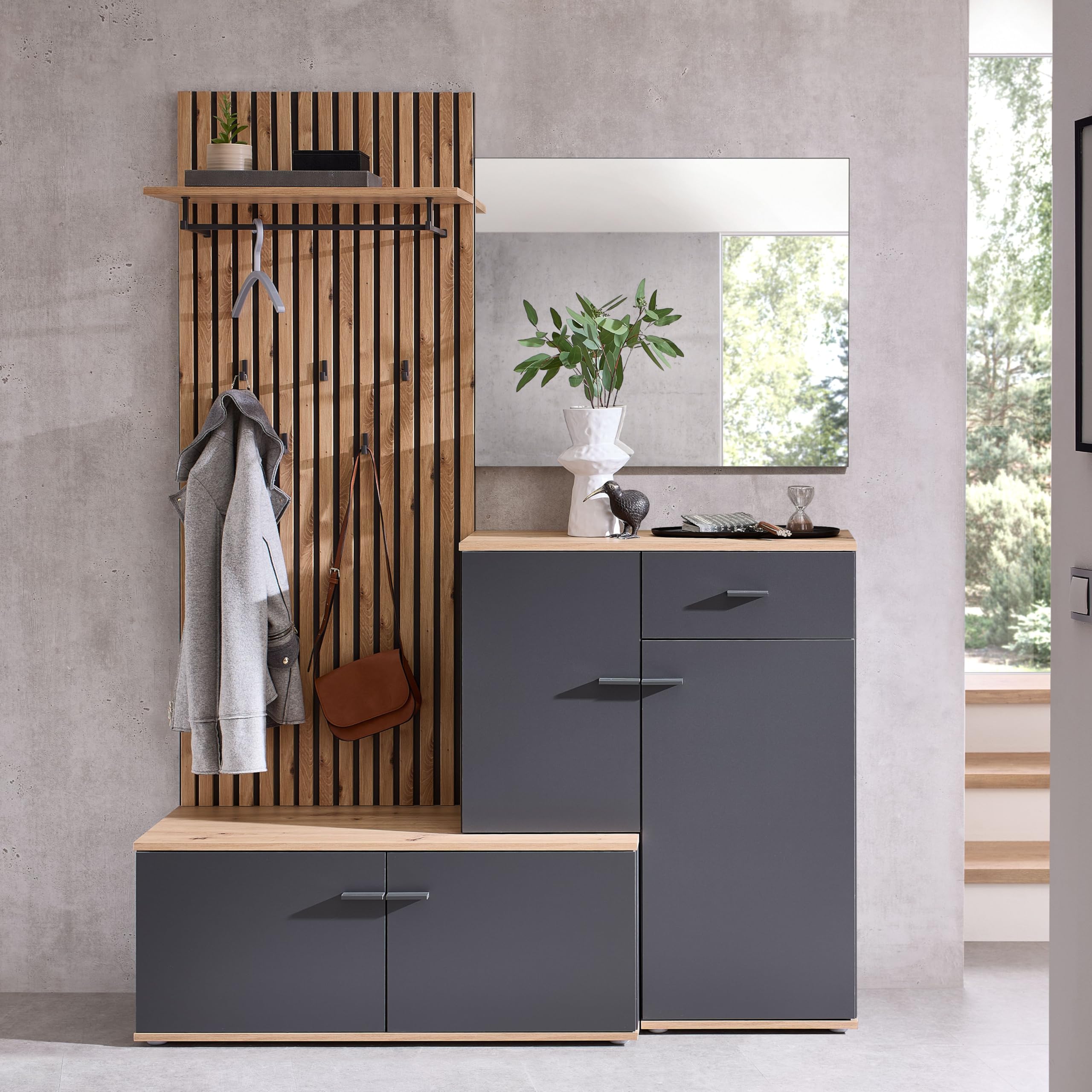 Fynn Flurgarderoben Set Anthrazit Artisan Eiche Optik Kompaktgarderobe mit Spiegel 148 x 199 x 38 cm