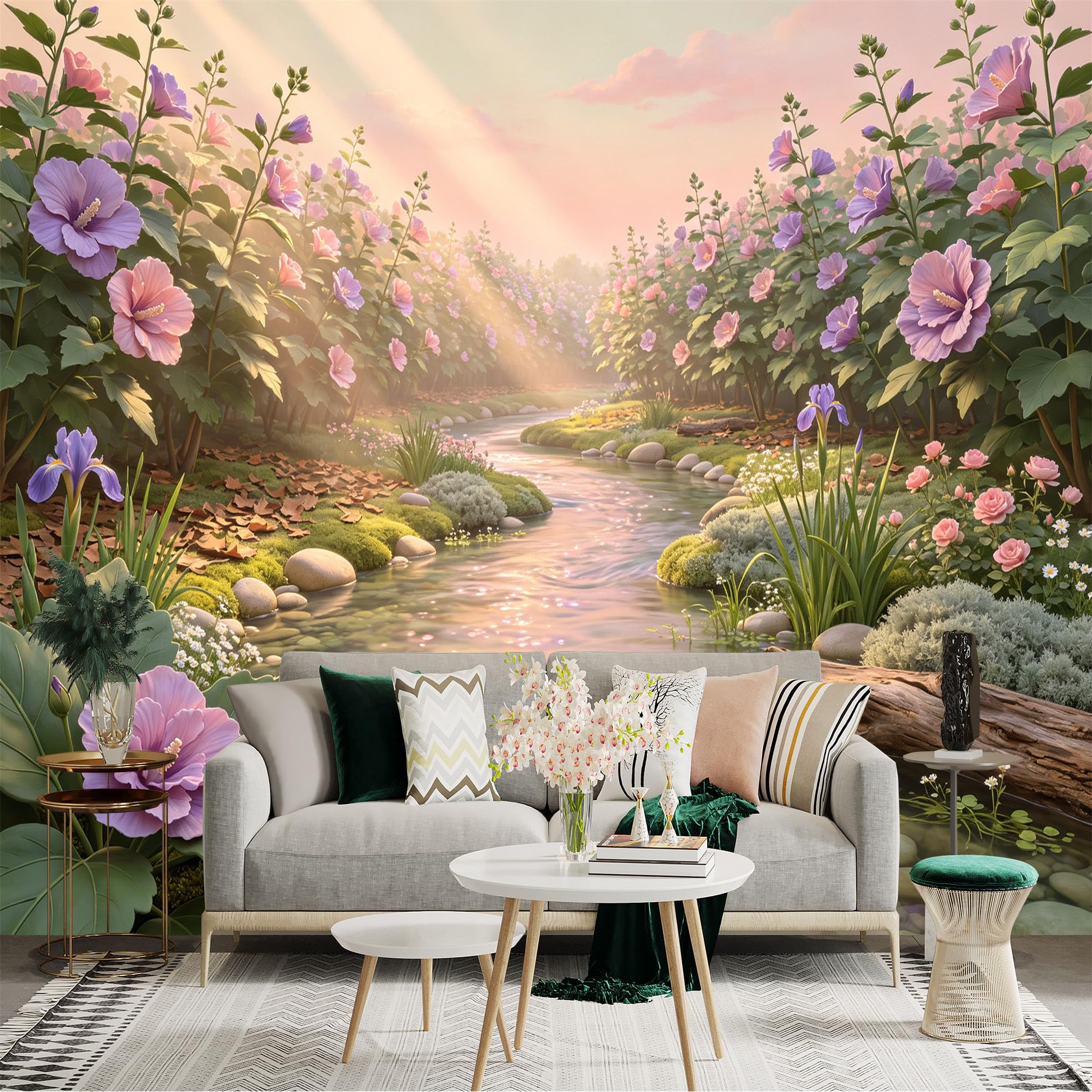 Lnzczhyre Bh260719375 Custom Size Wall Sticker Mural， Dreamy Riverbank With Purple Flowers， Soft Morning Sunlight， Spring Garden Landscape， For Wall Decoration， Peelandstick Wall Decals.