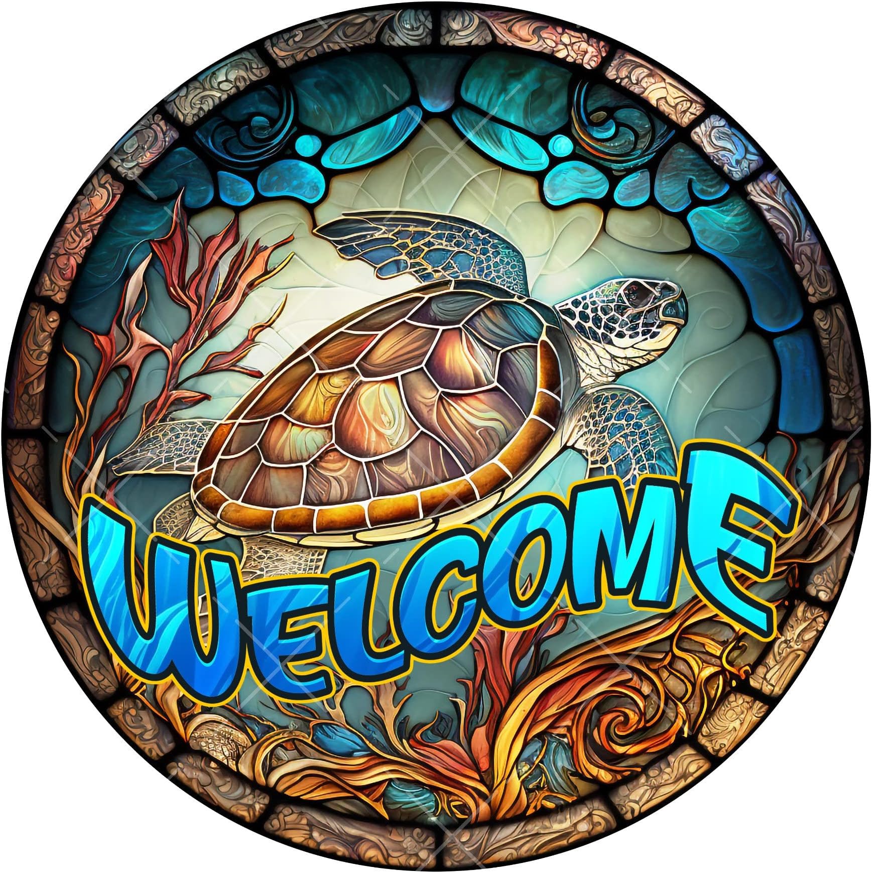 Retro Personalized Round Metal Sign Faux Stained Glass sea Turtle Choose Your Saying Wreath Sign, Metal Wreath Sign, Door Decor, Signs for Wreaths, lindys Sign Creations 12x12 inch