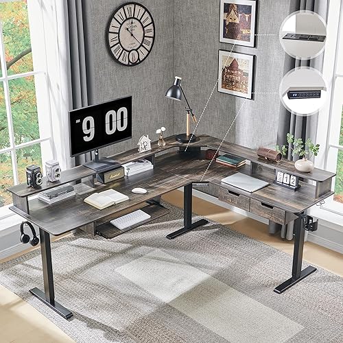 RedLemon Escritorio eléctrico de pie en forma de L de 75 x 60 pulgadas, escritorio de esquina ajustable en altura con cajones, bandeja para teclado,