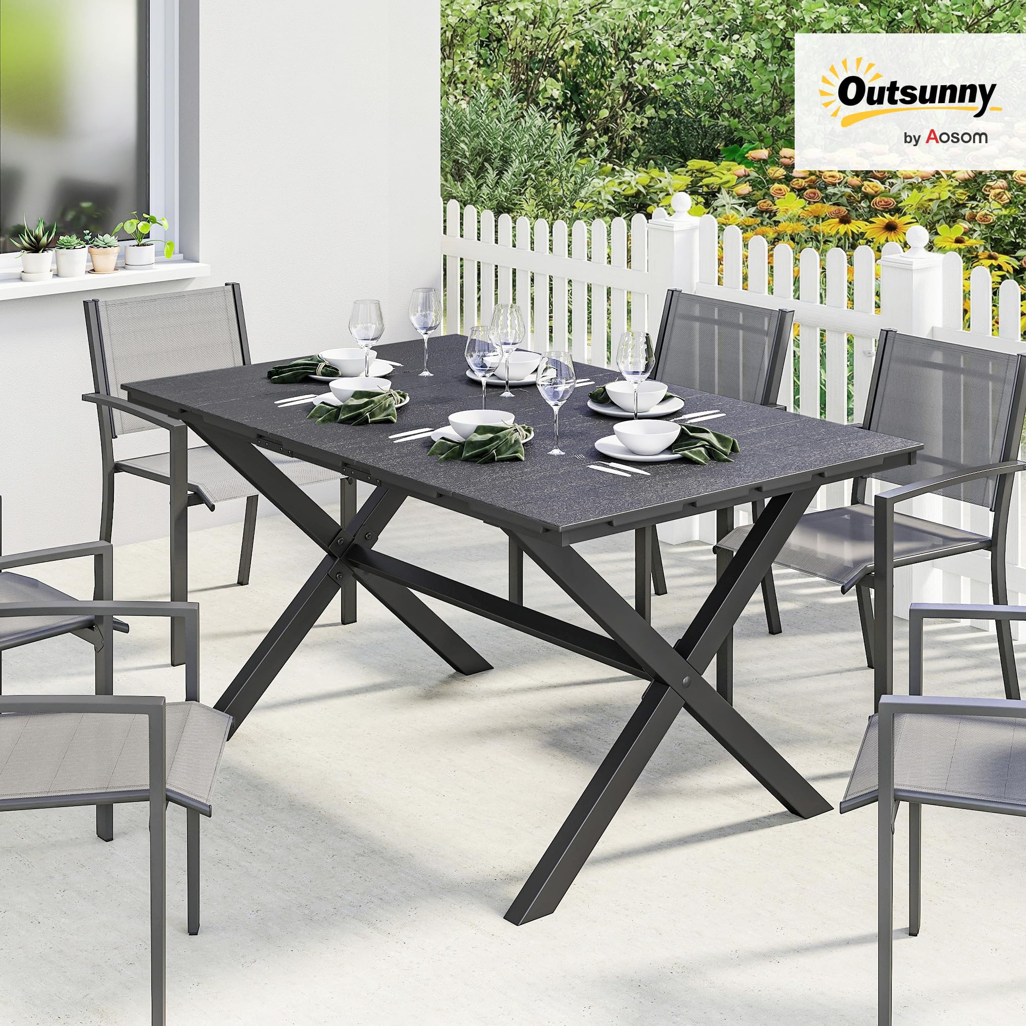 Outsunny Mesa de Comedor de Jardín Rectangular, Mesa de Terraza Exterior 150x90x74 cm, con Encimera de HDPE de Listones y Estructura Metálica, para 6 Personas, Carga 50 kg, para Patio, Balcón, Negro