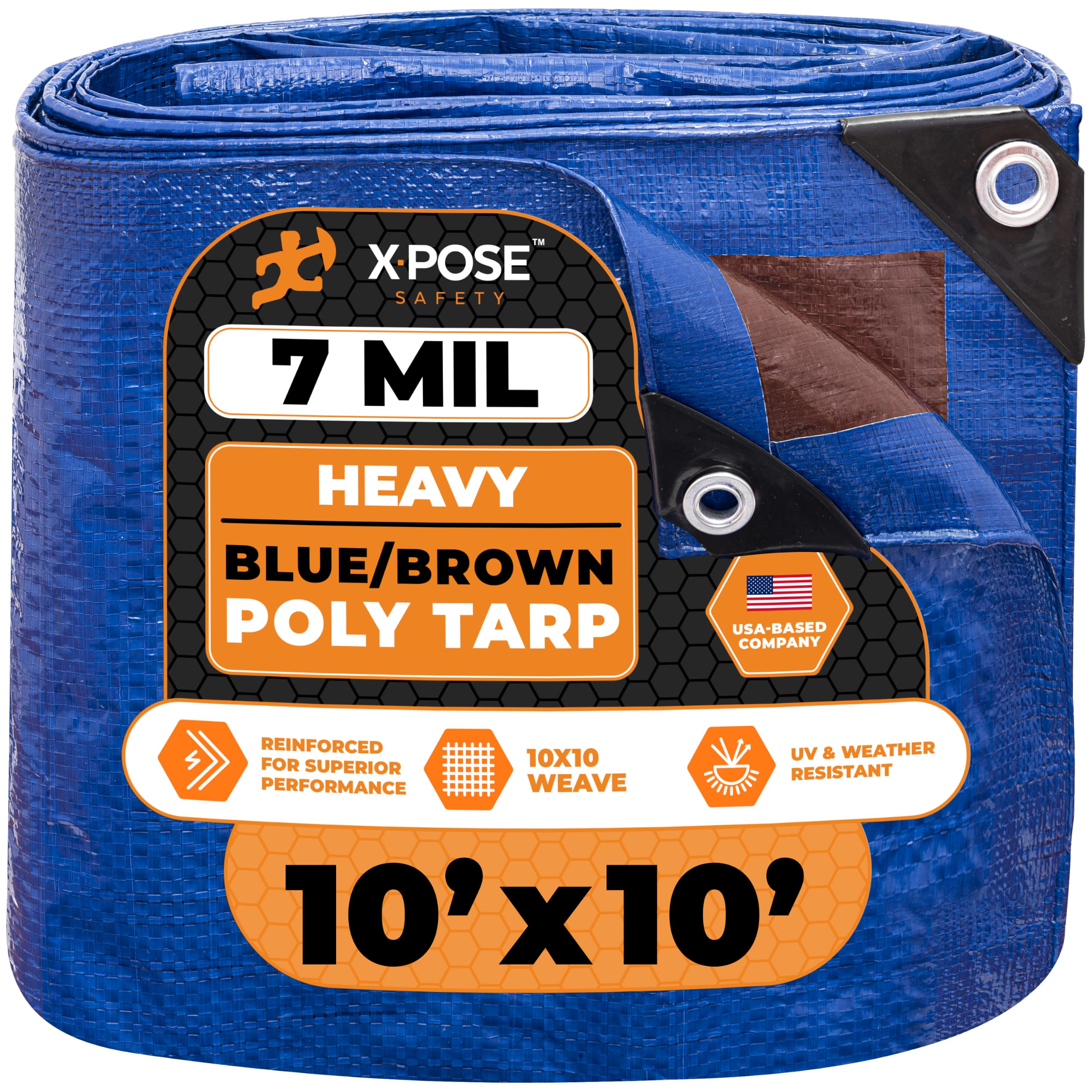 Xpose Safety 10’ x 10’ Heavy Blue/Brown Tarp - Waterproof - 7 Mil Weatherproof Camping Tarp for Tent, Rain, Wind &amp; Sun - Plastic Tarpaulin Cover Outdoor for Roof, Trailer, RV, Car, Boat
