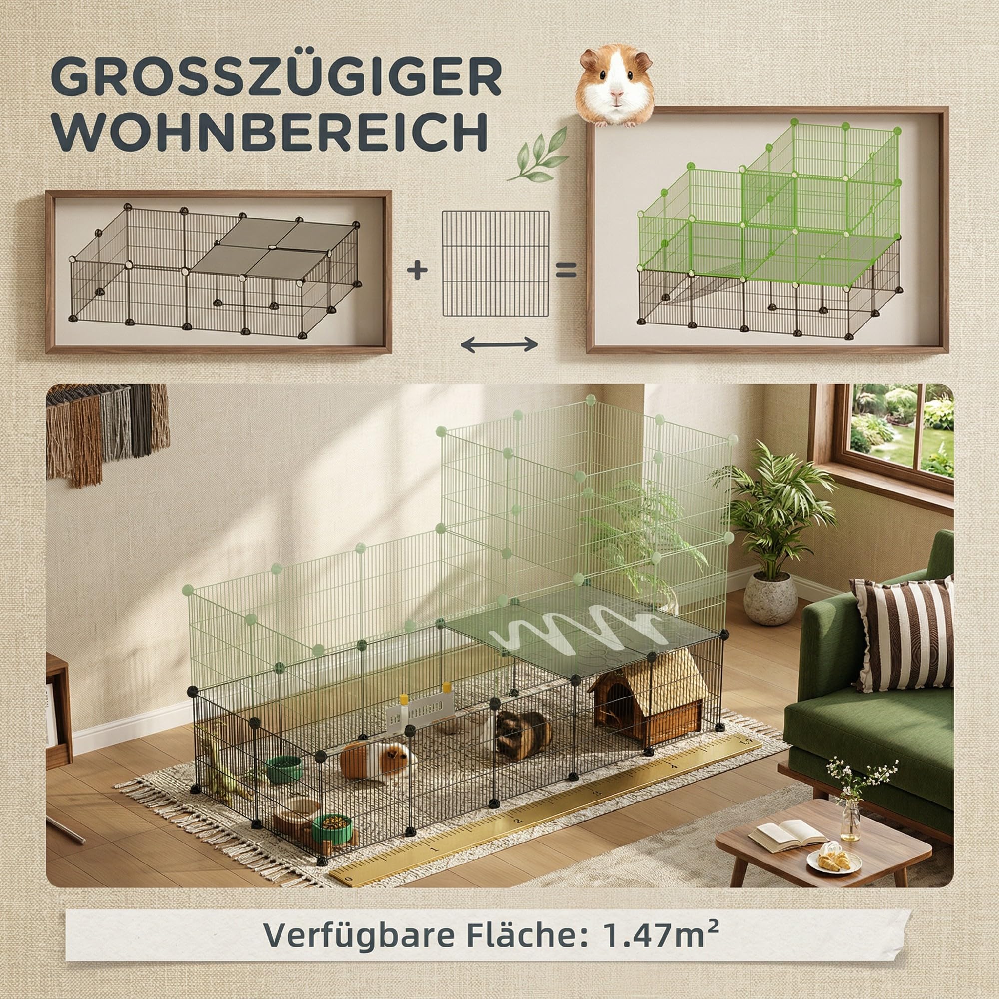 PawHut Freigehege Kleintiergehege mit Gitter 140 x 70 x 105 cm Schwarz | Mit Rampe, Kleintierkäfig Gehege, Meerschweinchen Gehege, für Hamster und Kaninchen